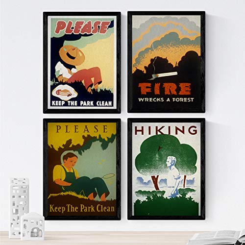 Plakaty w stylu vintage. Plakaty ze starymi reklamami. Cztery plakaty przeciwpożarowe w stylu vintage. Bezramowy - A3