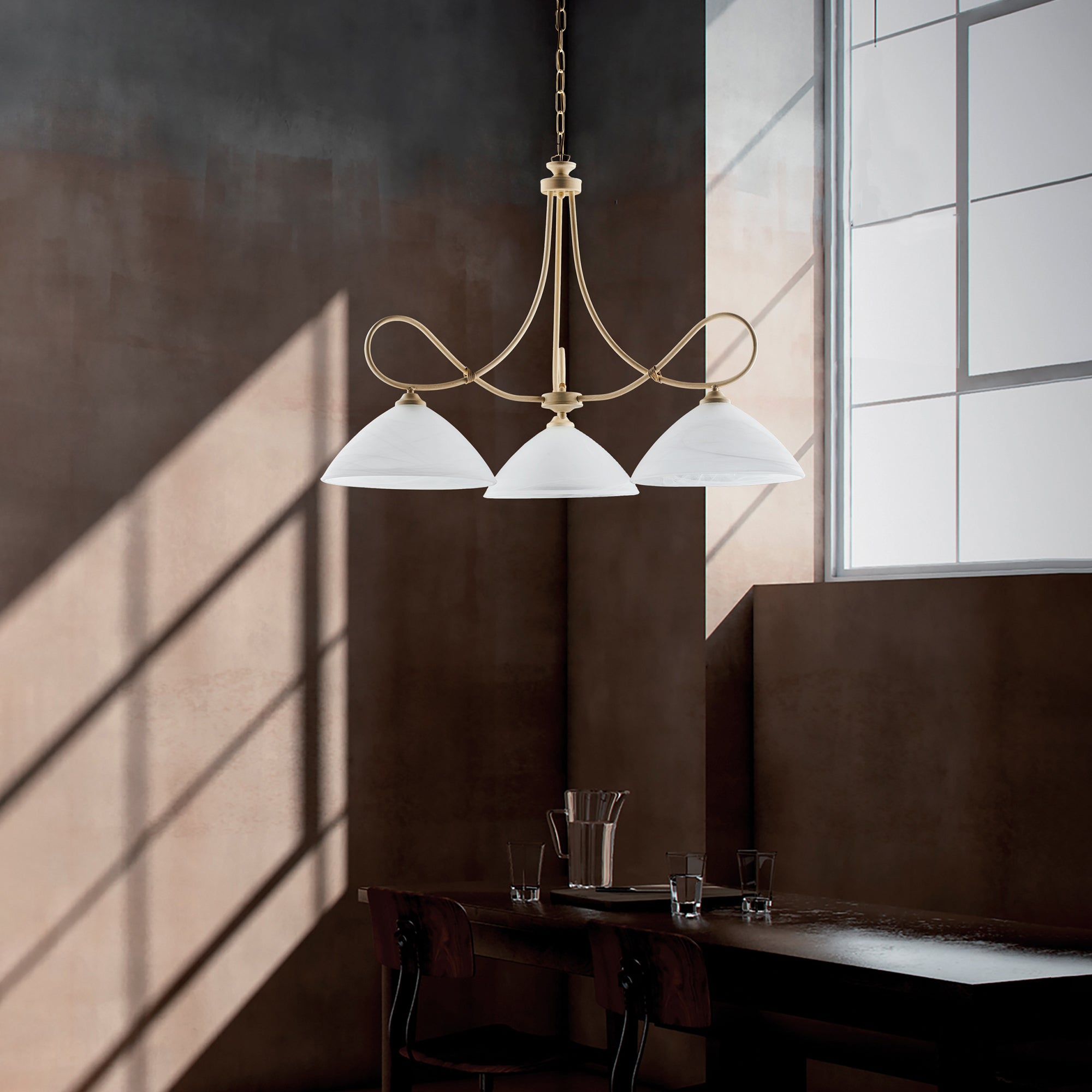 Lustre Dallas ivoire, effet décapé et or antique, verre albâtre d.13, 3 lumières, éclairage élégant et discret - 4