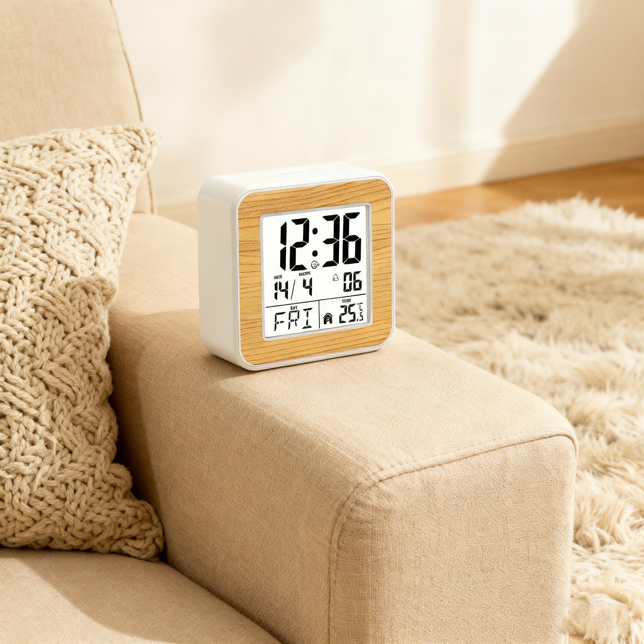 Sveglia da comodino luminosa bianco marrone per bambini e studenti, display temperatura, calendario perpetuo e schermo facile da leggere - 6