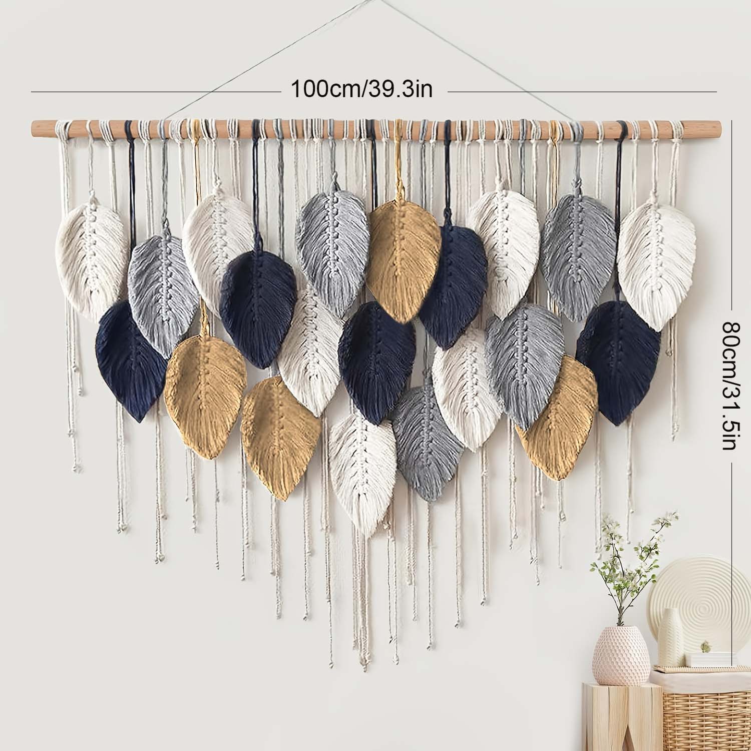 Grande tapisserie murale bohème en macramé à motif de feuilles avec pompons - Décoration artisanale multicolore pour salon ou chambre - 5