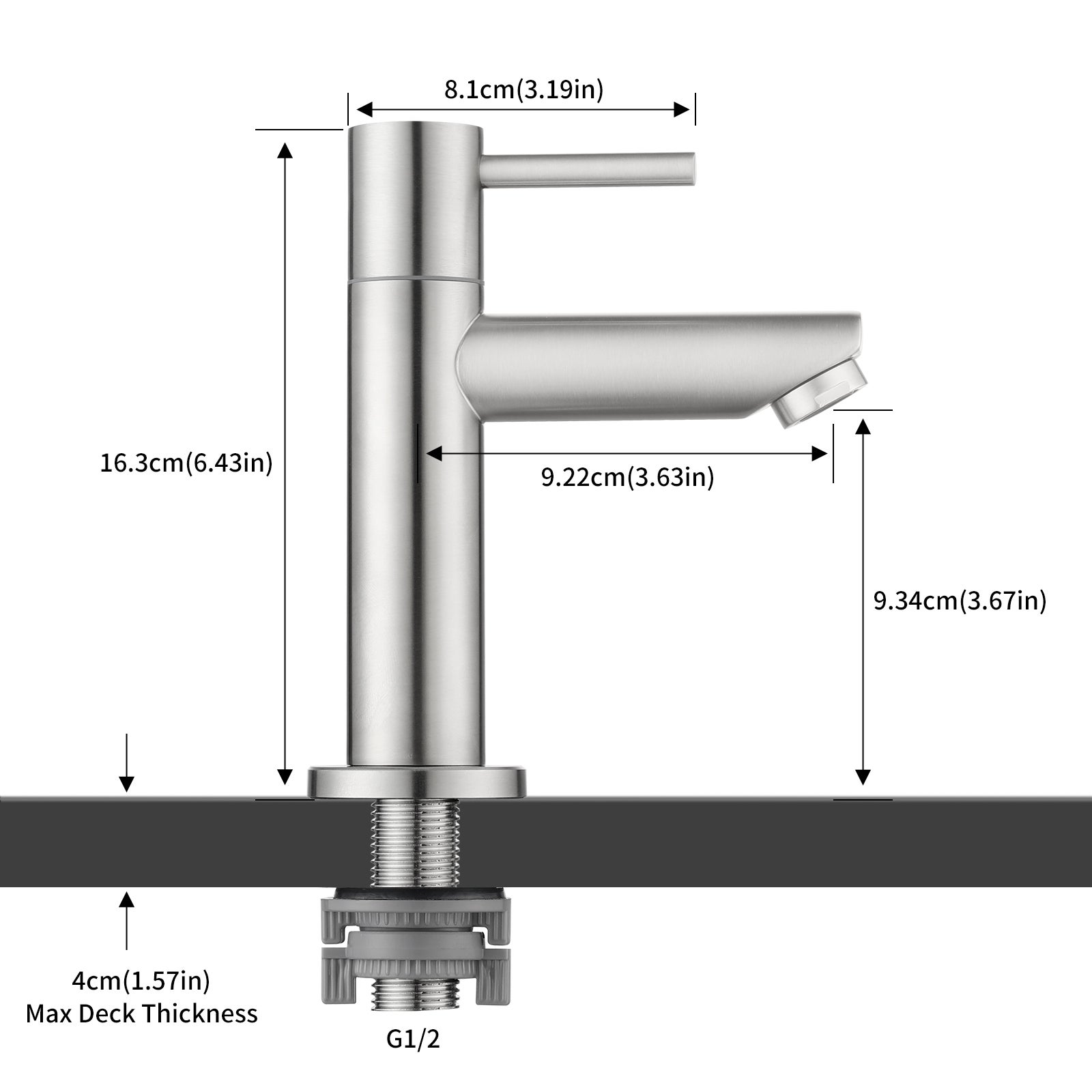 CECIPA MAX Robinet Lavabo Eau Froide avec Flexible Raccordement, Robinet Lave Main Eau Froide Uniquement avec Bec Hauteur 8.8MM pour Salle de Bain - 8
