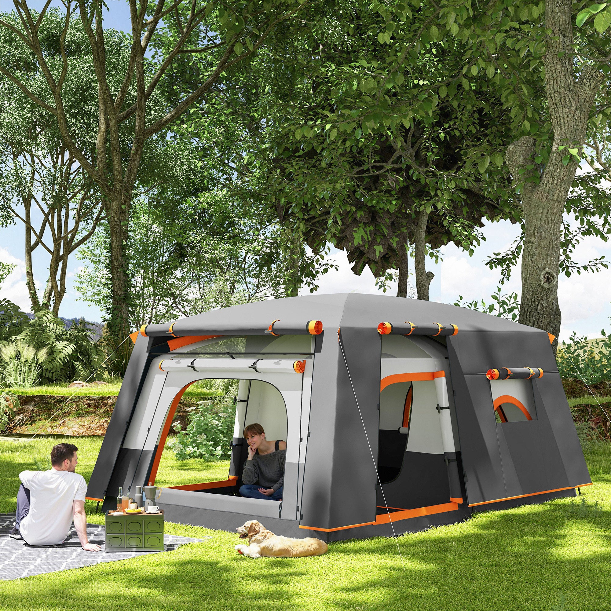 Tente camping 4-6 personnes, 2 chambres et véranda, imperméable UPF30+, sac de transport, gris - 4