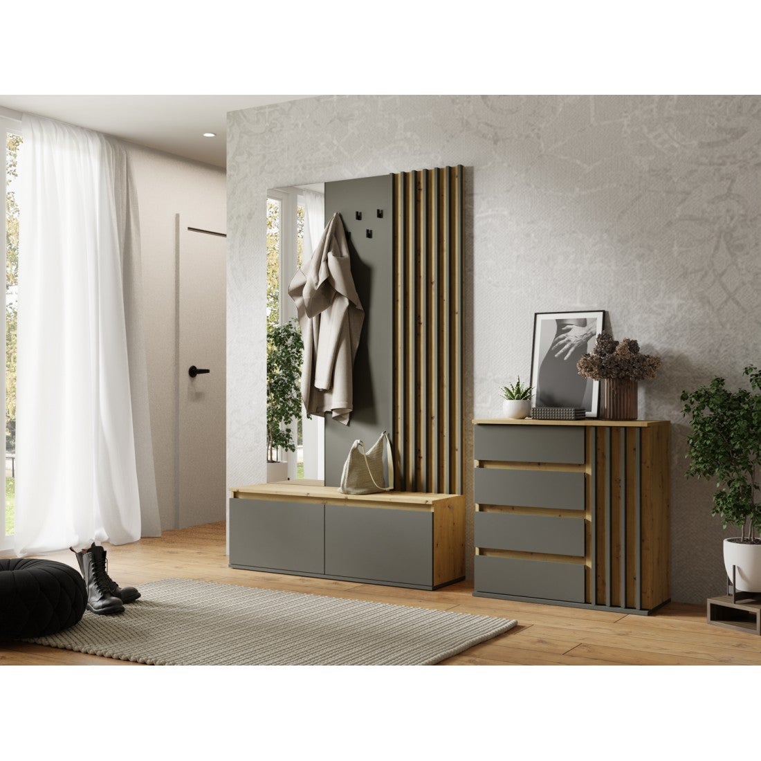 Ensemble meuble d'entrée avec porte-manteau et miroir + commode - Collection NEMO - 2