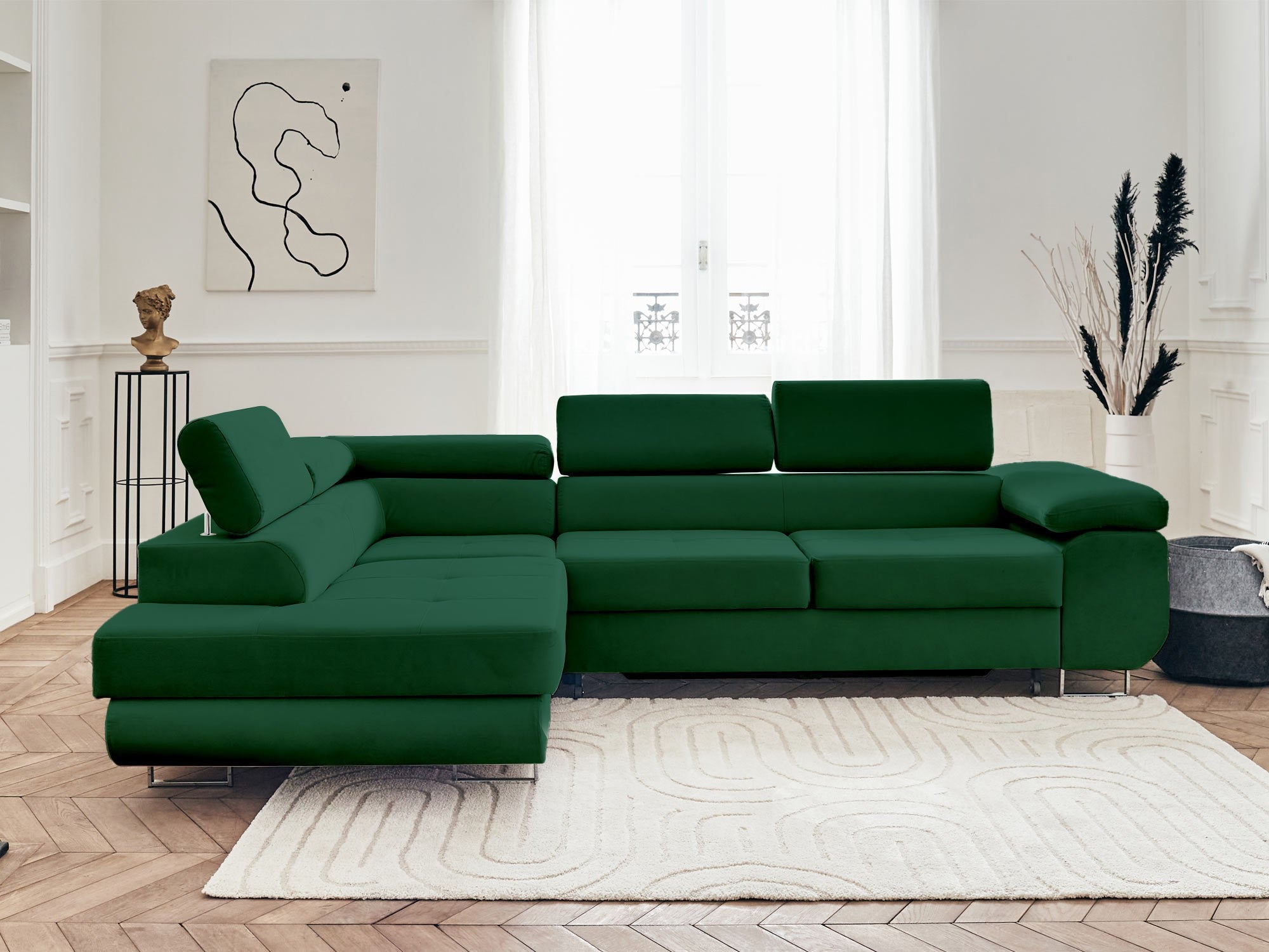 Canapé d'angle gauche convertible 5 places en velours vert - PABLO - Best Mobilier - 6
