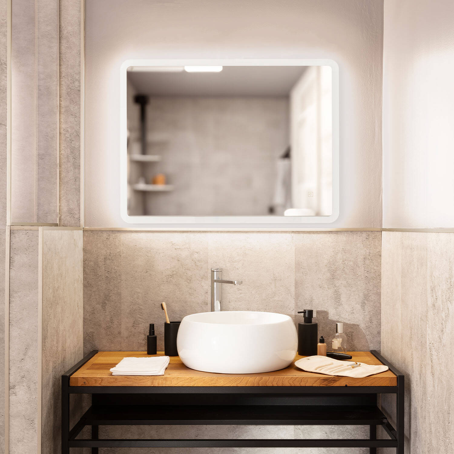Miroir Salle De Bain LED 80x60 Cm - Anti-Buée, Dimmable, Horloge Numérique - IP44 Blanc