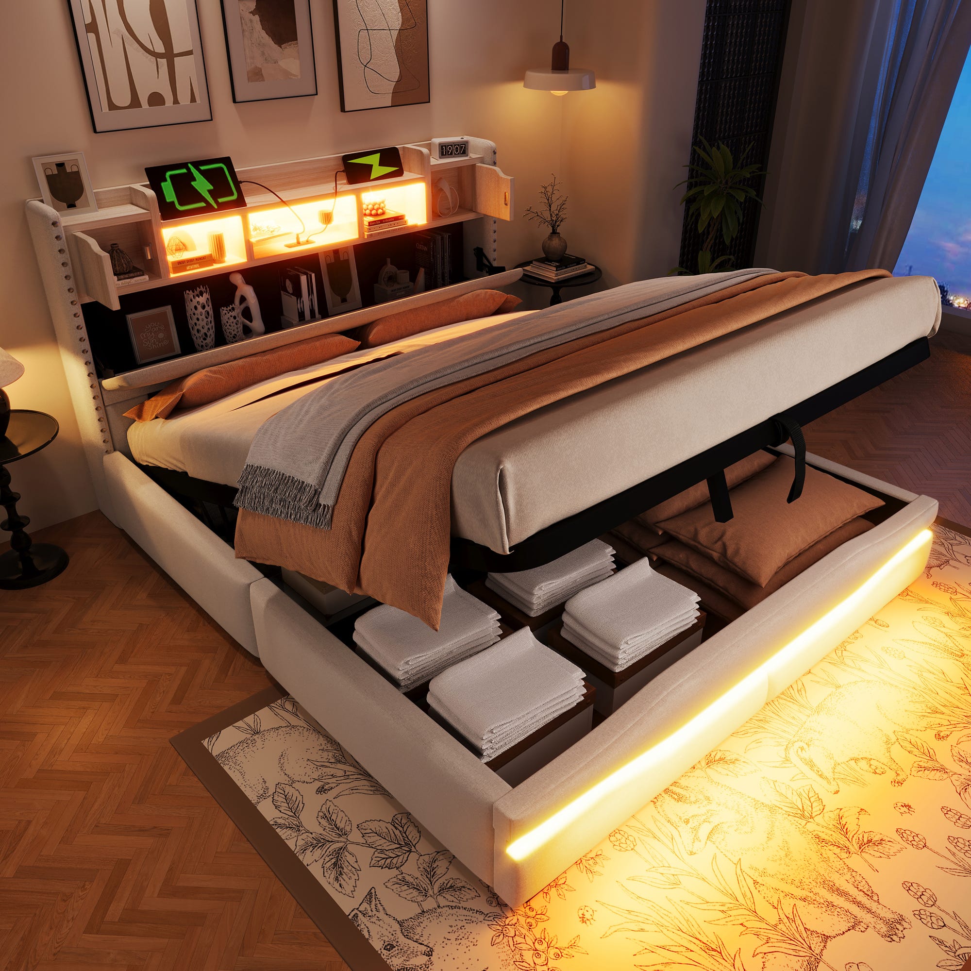 Letto Matrimoniale 160x200 Cm Imbottito Con LED, USB E Contenitore – Struttura In Lino Grigio