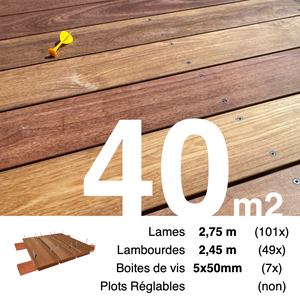 Kit terrasse bois exotique CUMARU pour 40 m² • Lames 2,75 m, lambourdes 2,75 m et visserie Inox • Livraison gratuite