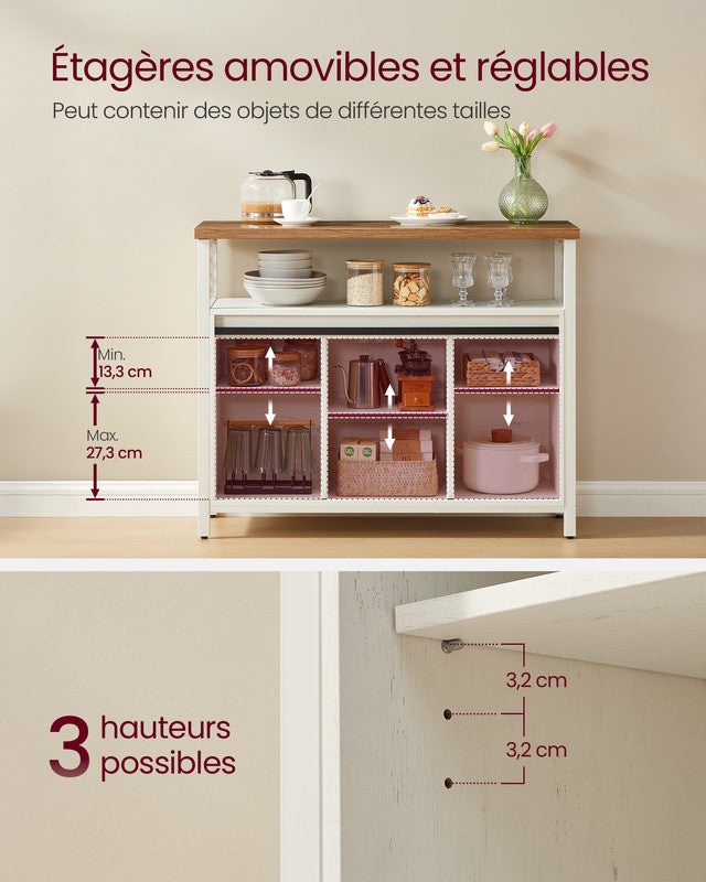 Buffet de Cuisine, avec 2 Portes Coulissantes, 33 x 100 x 80 cm, Étagères Réglables, pour Salon, Blanc Rustique et Marron Miel - 3