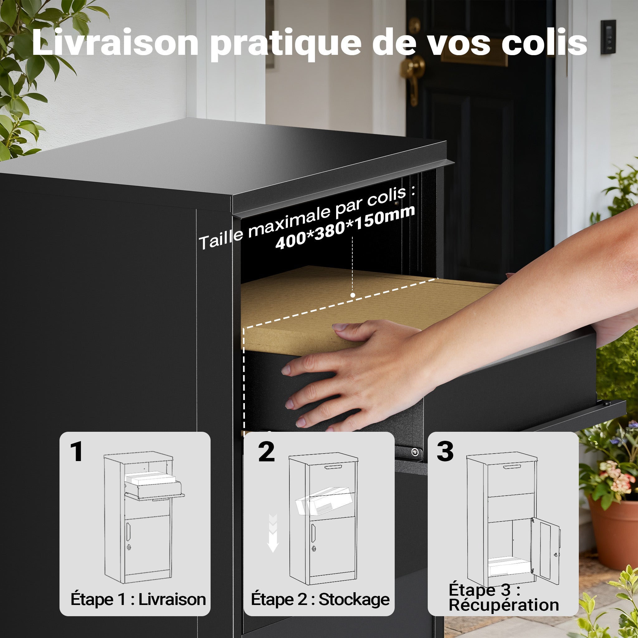 Boîte à colis verrouillable noire 500 x 375 x 1150 mm, Boîte aux lettres sur pied, pour colis max. 150 x 400 x 400 mm, Usage domestique… XPOtool - 4