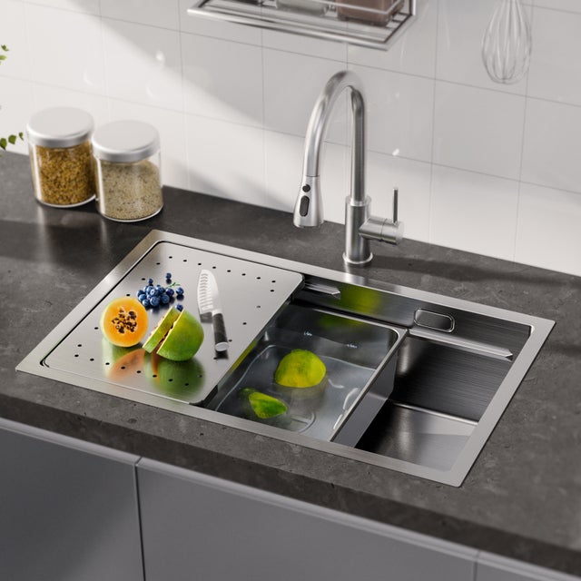 Lava-loiça com escorredor e bacia 70×44cm cuba simples escovada + torneira misturadora de cozinha escovada com chuveiro retrátil