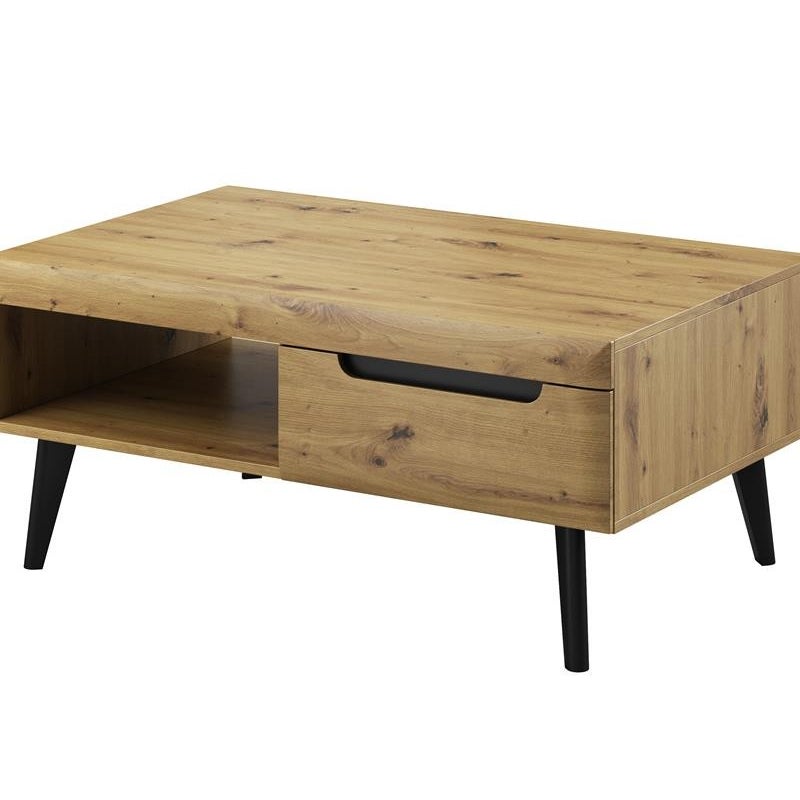 Ława NODIS NL107 dąb Artisan z czarnymi wstawkami, 2 szuflady, półka, na drewnianych nóżkach