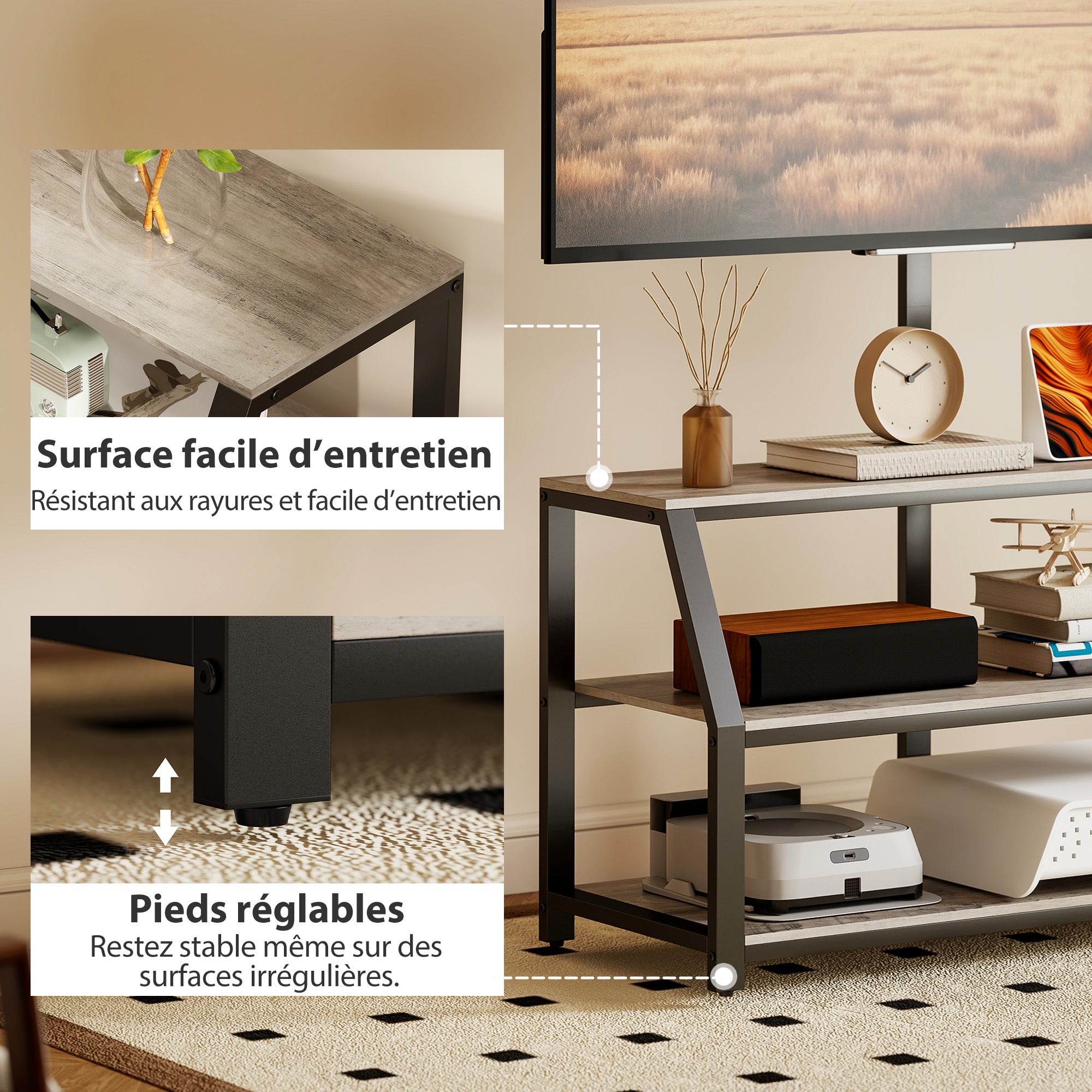 Meuble tv avec support pour téléviseurs jusqu'à 72 pouces meuble télé avec 2 étagères ouvertes gris 110x43x150cm finition de qualité - 8