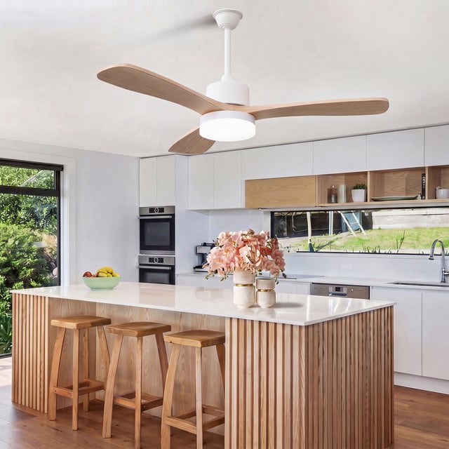 Ventilateur de plafond 2-en-1 couleur bois naturel avec éclairage LED (modèle à 3 pales de 42 pouces en bois massif), L106.6cm