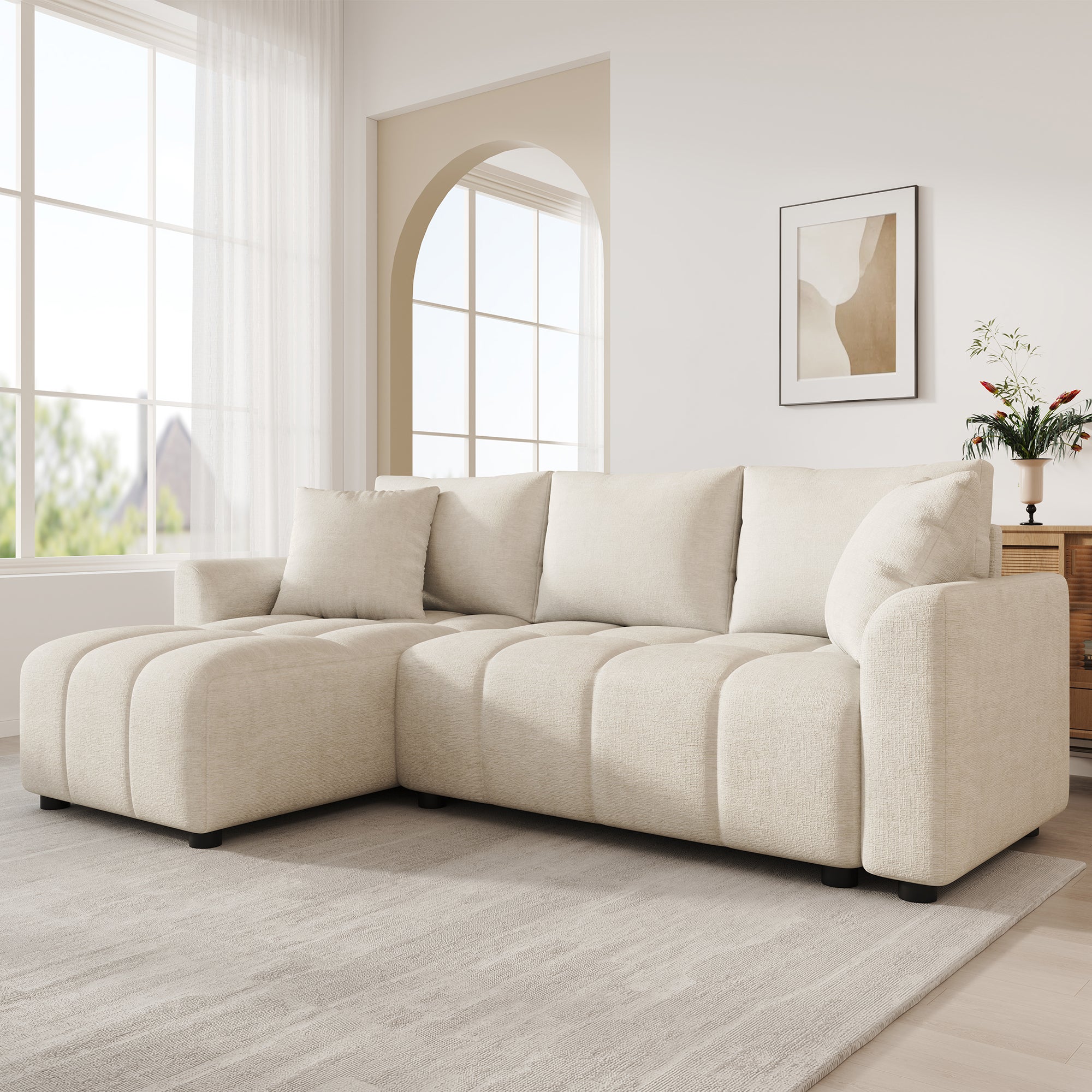 Canapé d'angle 3 places avec 2 coussins - 204 x 127 x 82.5 cm - Tissu en chenille - Beige - 3
