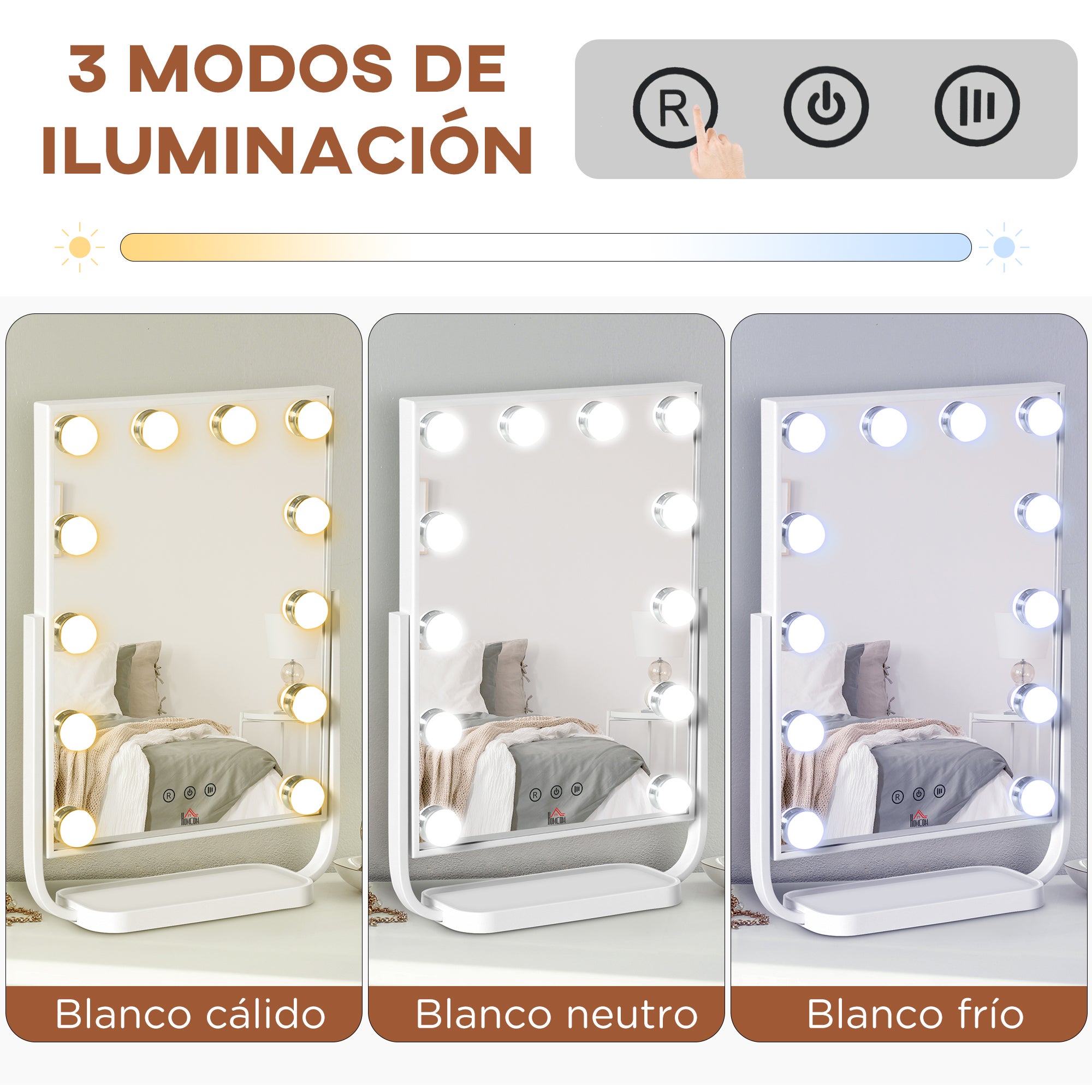Miroir maquillage Hollywood léger 12 LED 3 modes, écran tactile lumineux réglable, fonction mémoire, chambre/salle bain, 32,8x11x47,4 cm, blanc - 7