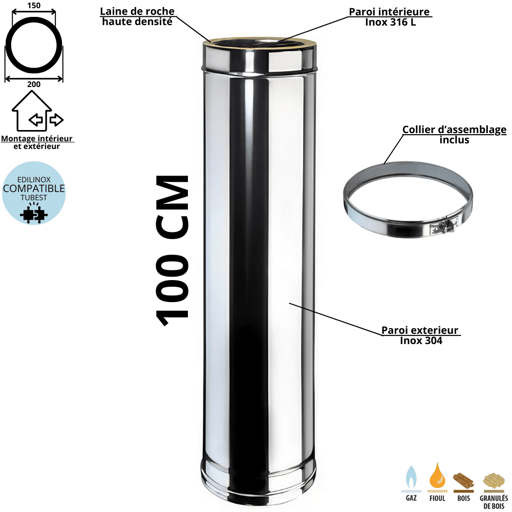 Kit sortie de toit inox isolé 30 à 45 degrés Ediliso25 Edilinox - Diamètre 150 mm - 4