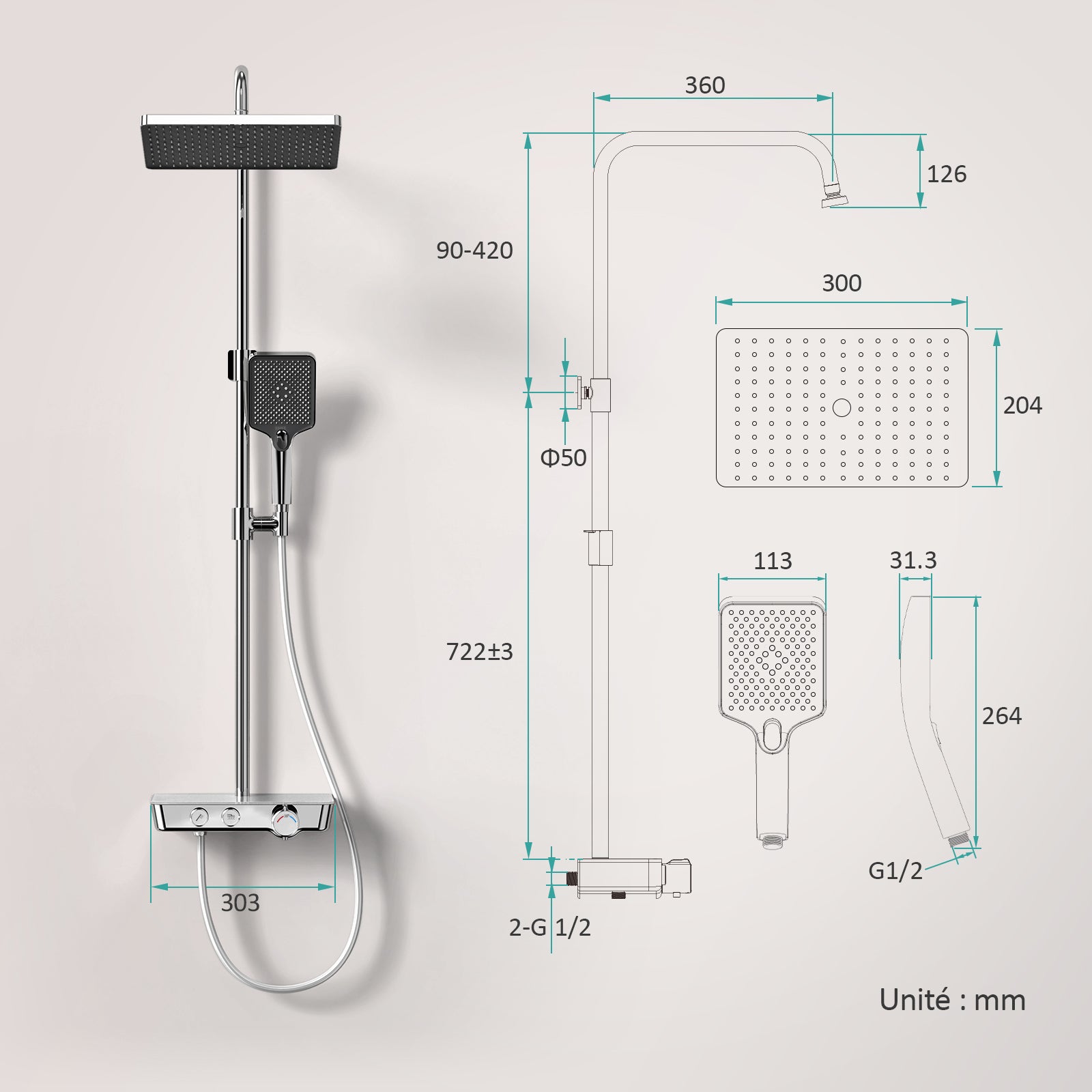 EMKE Colonne de douche thermostatique 38℃, douche de pluie carrée, douchette à main 3 jets, hauteur réglable avec tablette en verre, finition chromée - 5