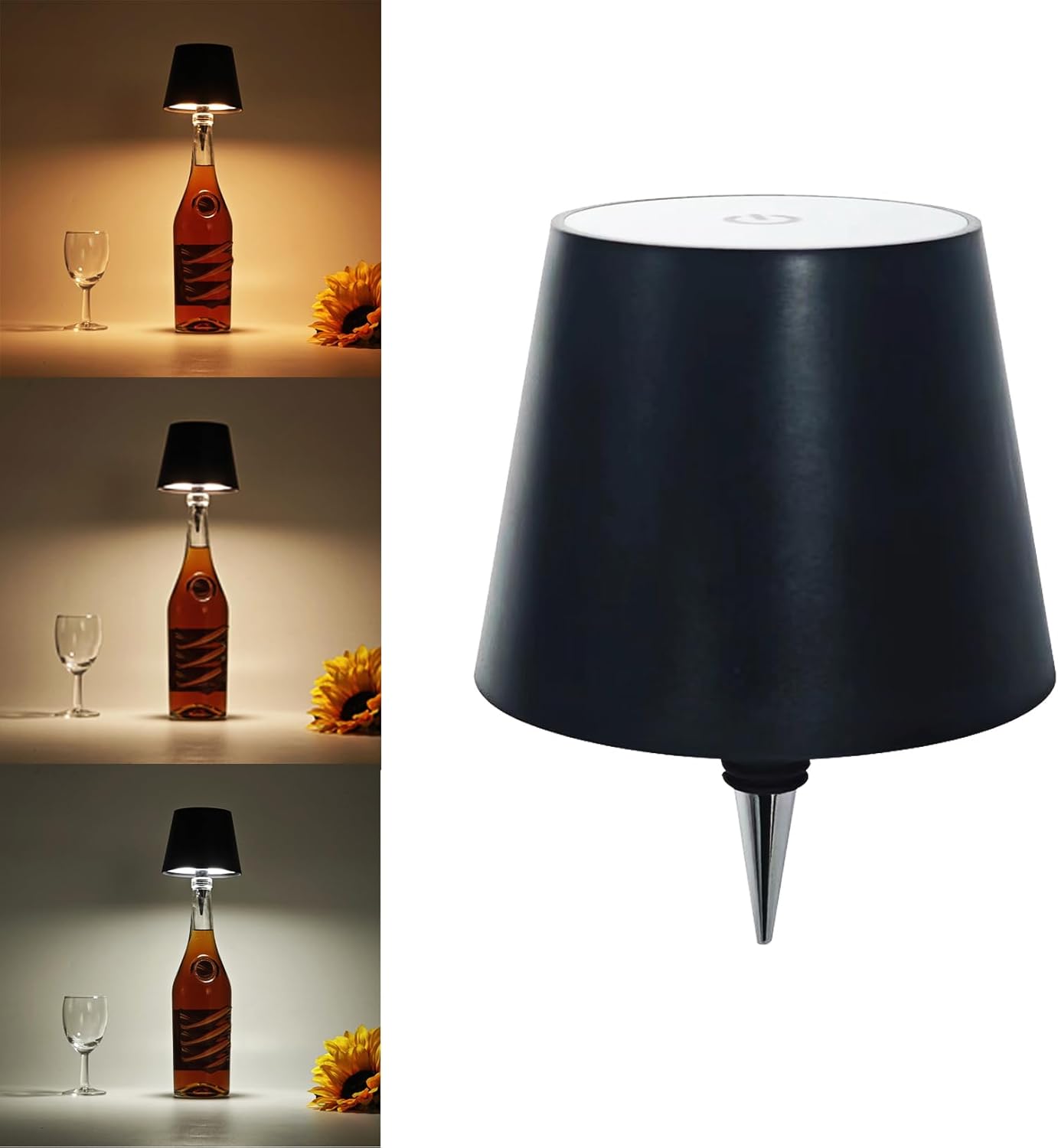 Lampa LED do butelki wina, bezprzewodowa lampka nocna dotykowa trójkolorowa, ładowalna (czarna)