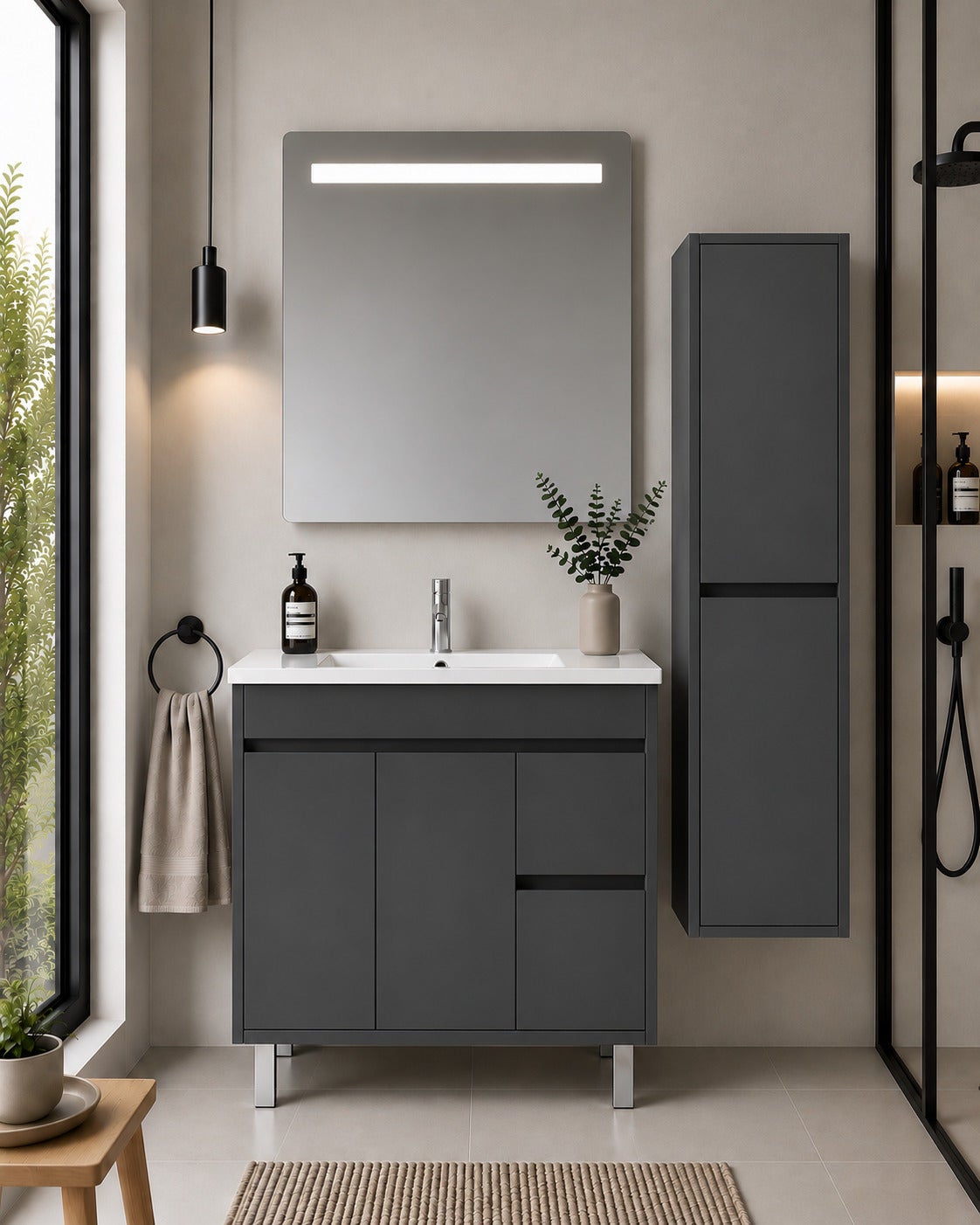 Mobilier de baie cu lavoar ORIGENBATH ISQUIA fără oglindă 80x40 cm grafito cu coloană