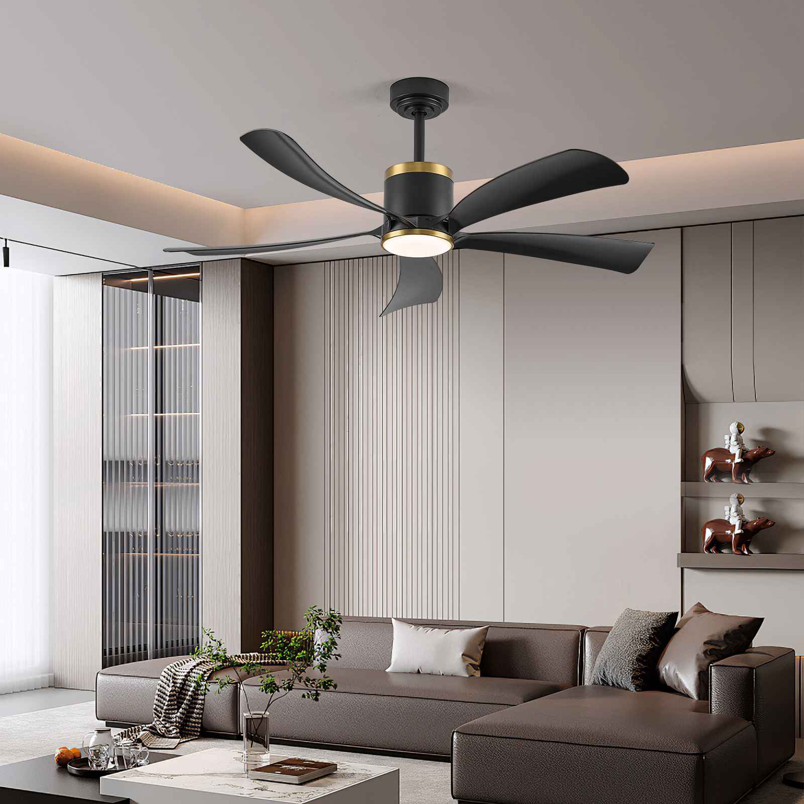 Ventilateur de plafond 52'' LED 20W dimmable, 5 pales ABS noires, APP, 6 vitesses, réversible, anneau doré, salon chambre - 8