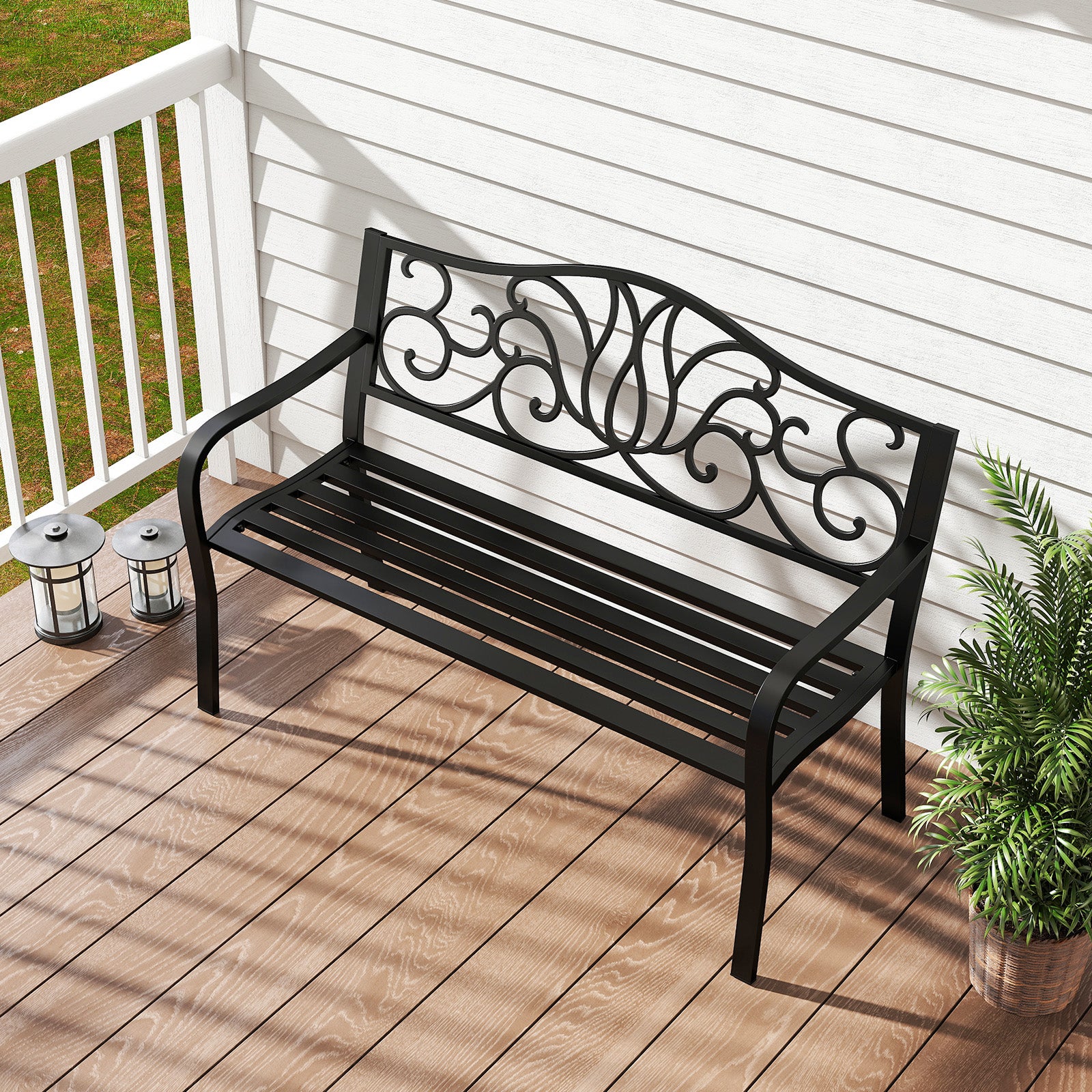 Banc de Jardin 127CM pour 2-3 Personnes, en Fonte avec Dossier à Motif Floral et Siège à Lattes, Banc de Patio avec Accoudoirs, Noir - 9