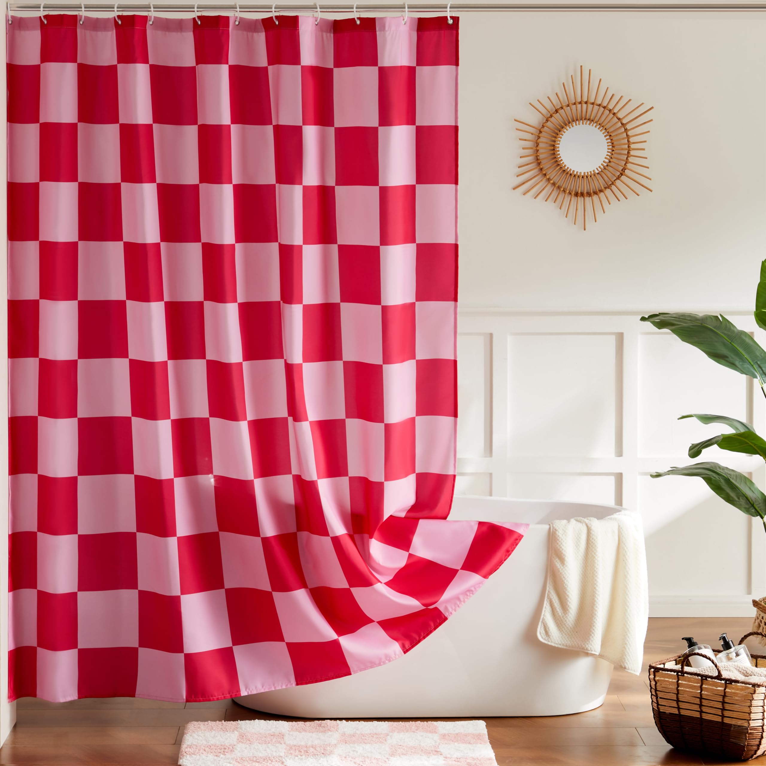Rideau de douche en treillis pour salle de bain, lavable en machine, joli rideau de douche rétro en damier, 180 x 180 cm, rose rouge - 2