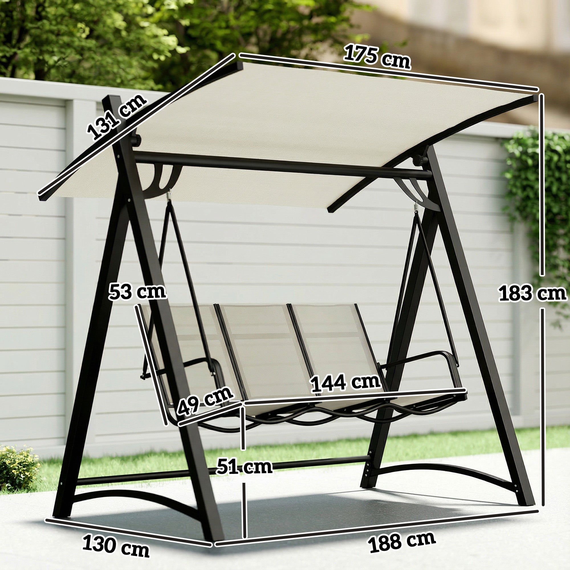 Baloiço de Jardim Outsunny Metal, Textilene Creme 188x130x183 cm - 3