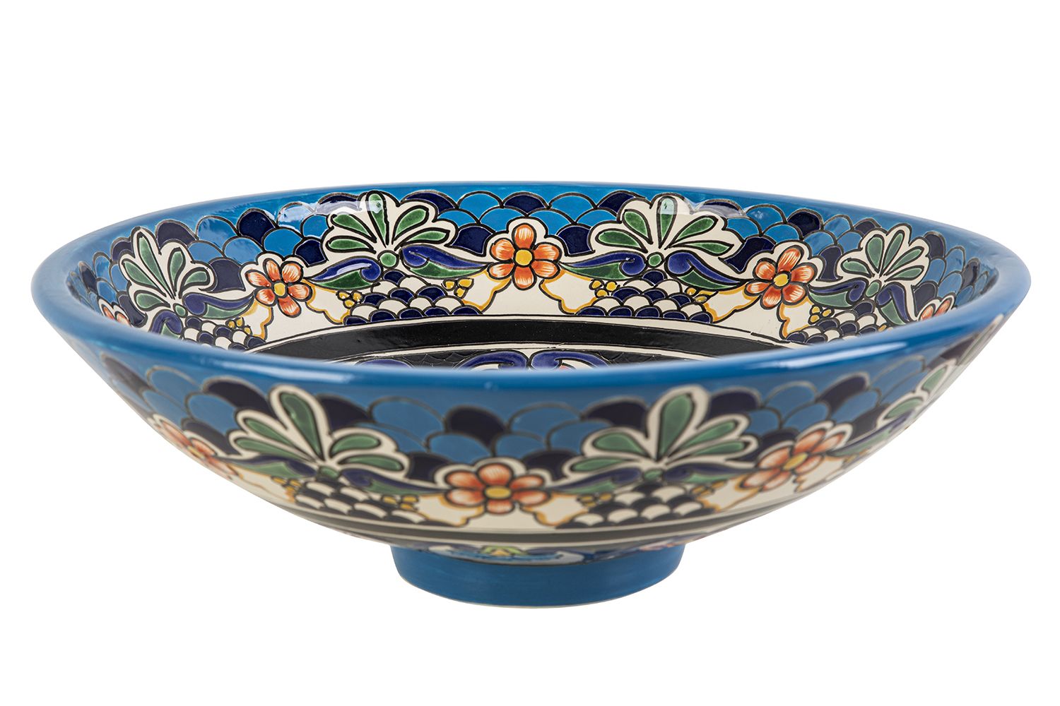 Meksykańska ceramiczna umywalka nablatowa z reliefem La Reina Prima – okrągła umywalka łazienkowa 44 x 13,5 cm | Umywalka z motywami Talavera