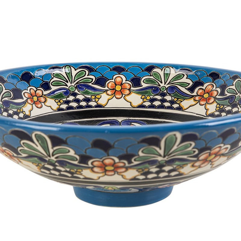Meksykańska ceramiczna umywalka nablatowa z reliefem La Reina Prima – okrągła umywalka łazienkowa 44 x 13,5 cm | Umywalka z motywami Talavera