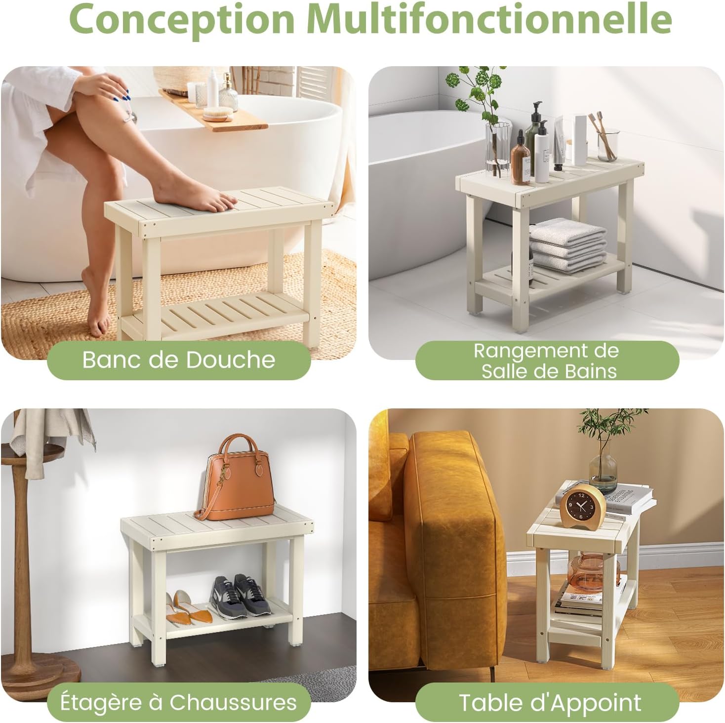 Banc de Douche à 2 Niveaux, Tabouret de Douche de Salle de Bain Étanche en HDPE avec Étagère de Rangement et Patins Antidérapants Our Baignade - 6