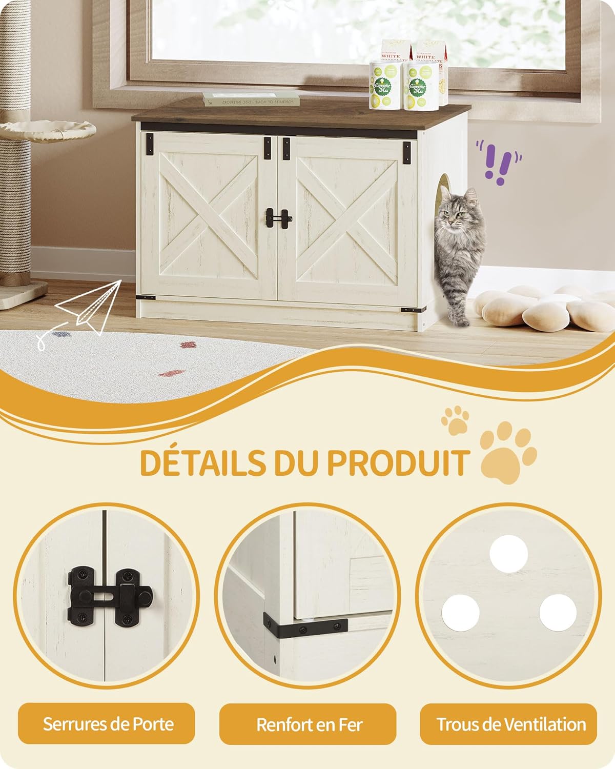 Caixa de areia para gatos, armário para areia com divisória amovível, casota para gatos, entrada reversível (esquerda ou direita), castanho e branco. - 3