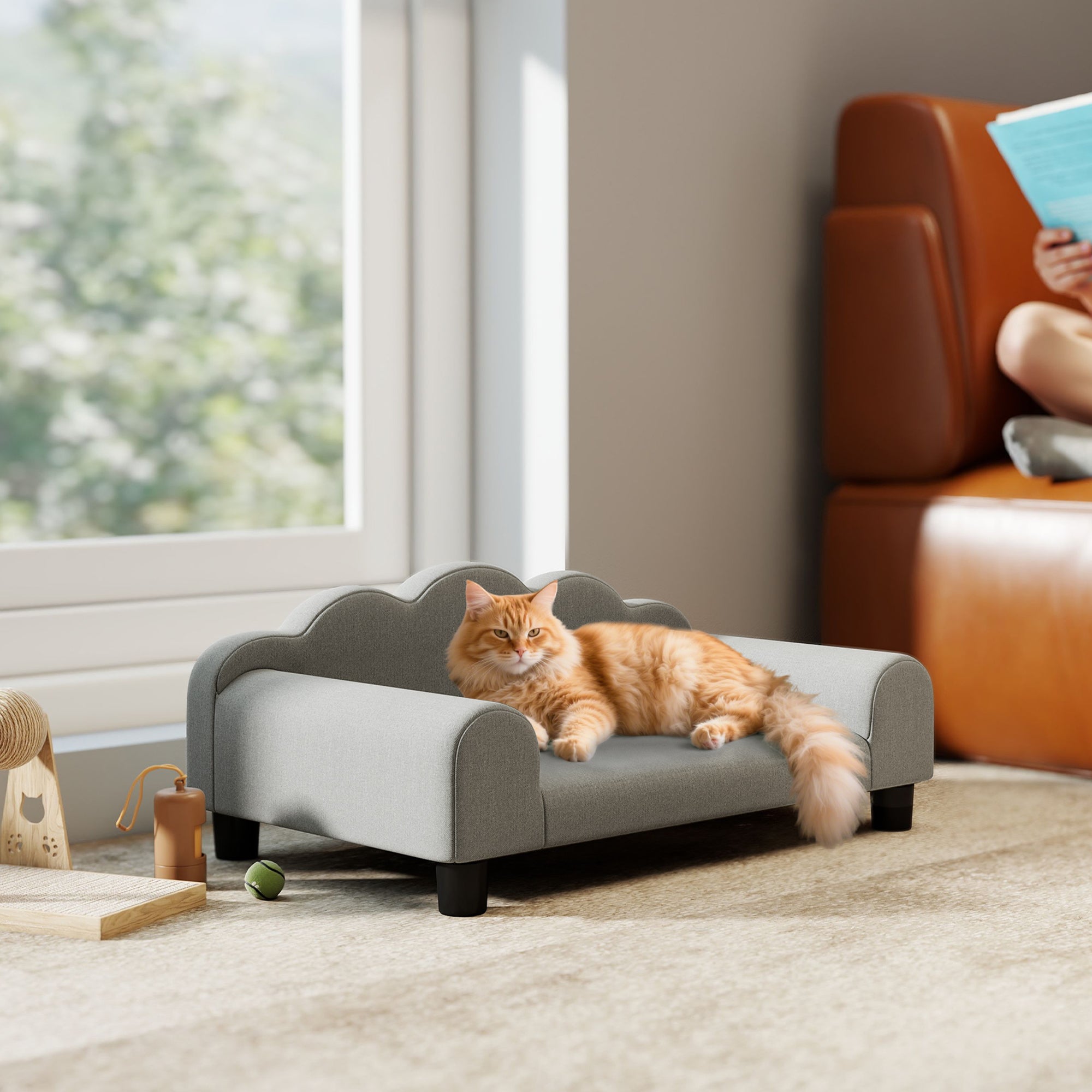 PawHut Divano per Cani con Braccioli di Supporto, in Legno e Tessuto French Terry, 66x42x28.5 cm, Grigio - 8