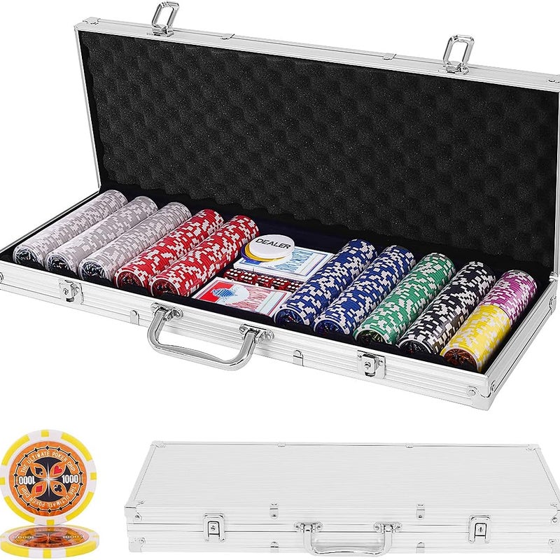 Profesjonalna Aluminiowa Walizka do Pokera z 500 Żetonami, 2 Taliami Kart, 1 Dywanikiem, Zestawami do Pokera w Stylu Kasynowym (Srebrna)