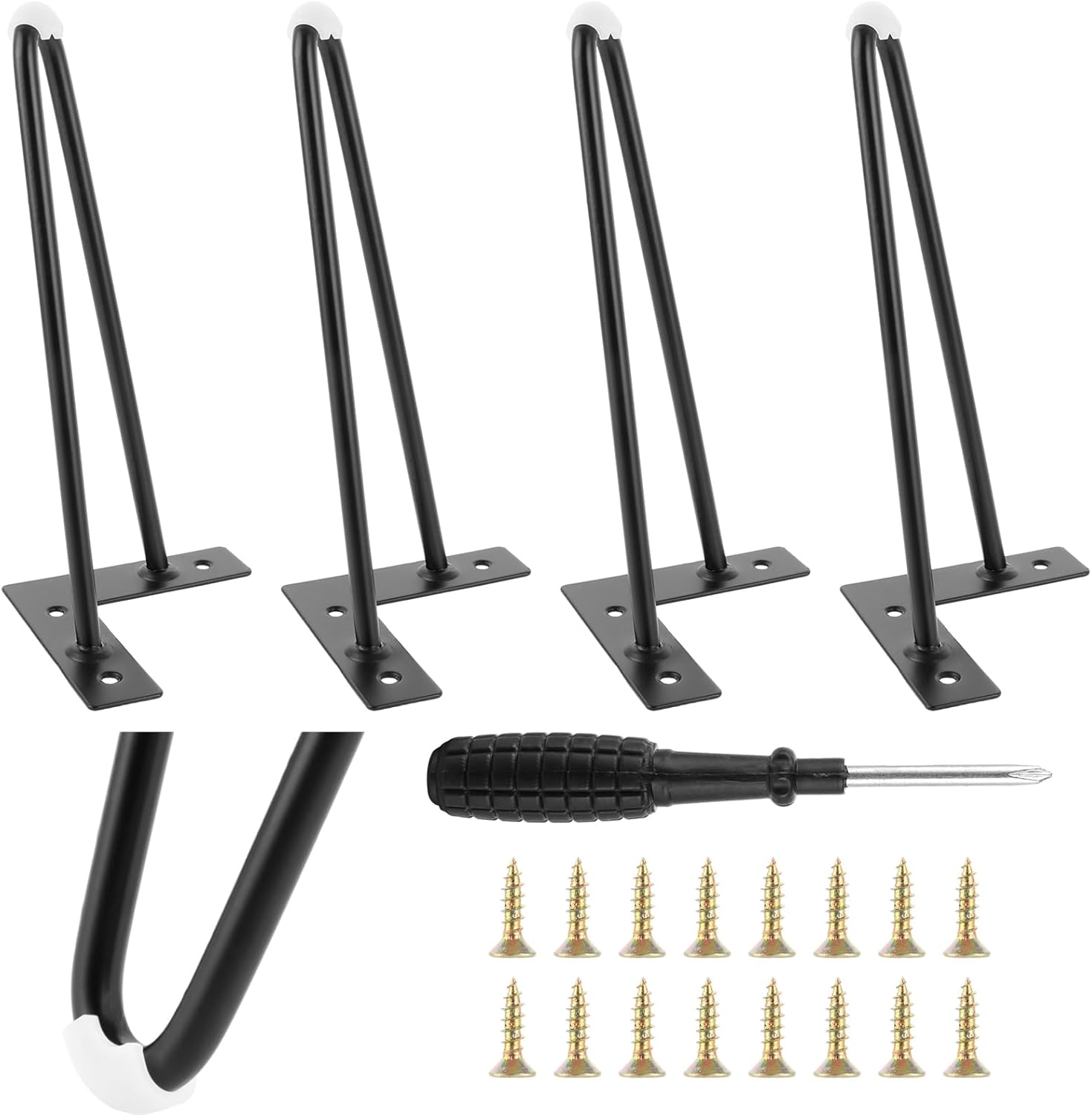 4 picioare de mobilă din metal negru, stil ac de păr, de 25 cm, rezistente, cu protecție din cauciuc și șuruburi, pentru birou, dulap, proiecte DIY