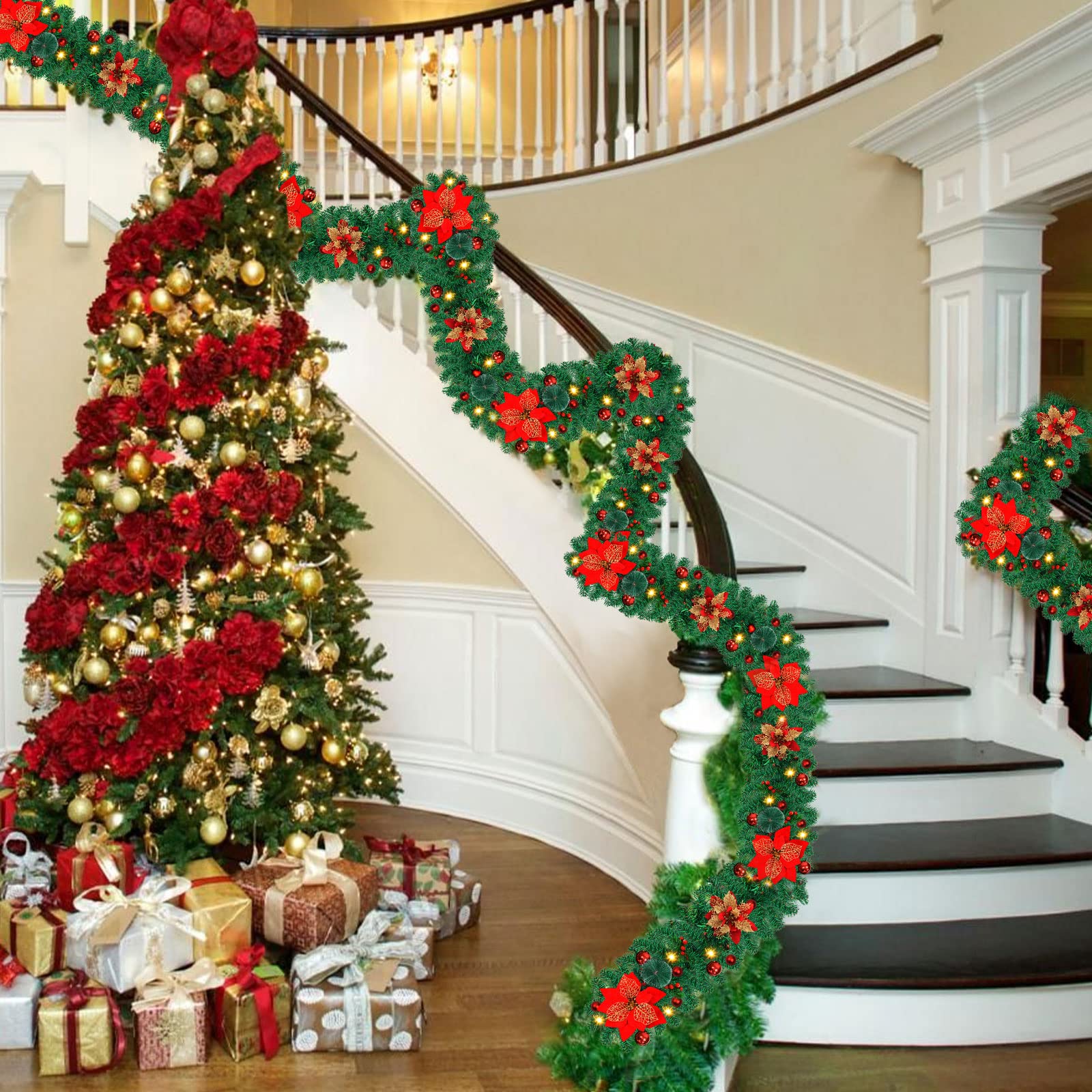 Guirlande de Noël de 270 cm avec lumières LED, décoration de Noël, couronne de Noël artificielle illuminée avec fleurs, décorations pour sapin de Noël - 3