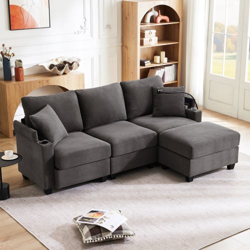 Canapé d'angle en L convertible 3 places avec repose-pieds,porte-gobelet,chargeur USB,rangement dans l'accoudoir et 2 coussins,idéal pour salon,b - 2