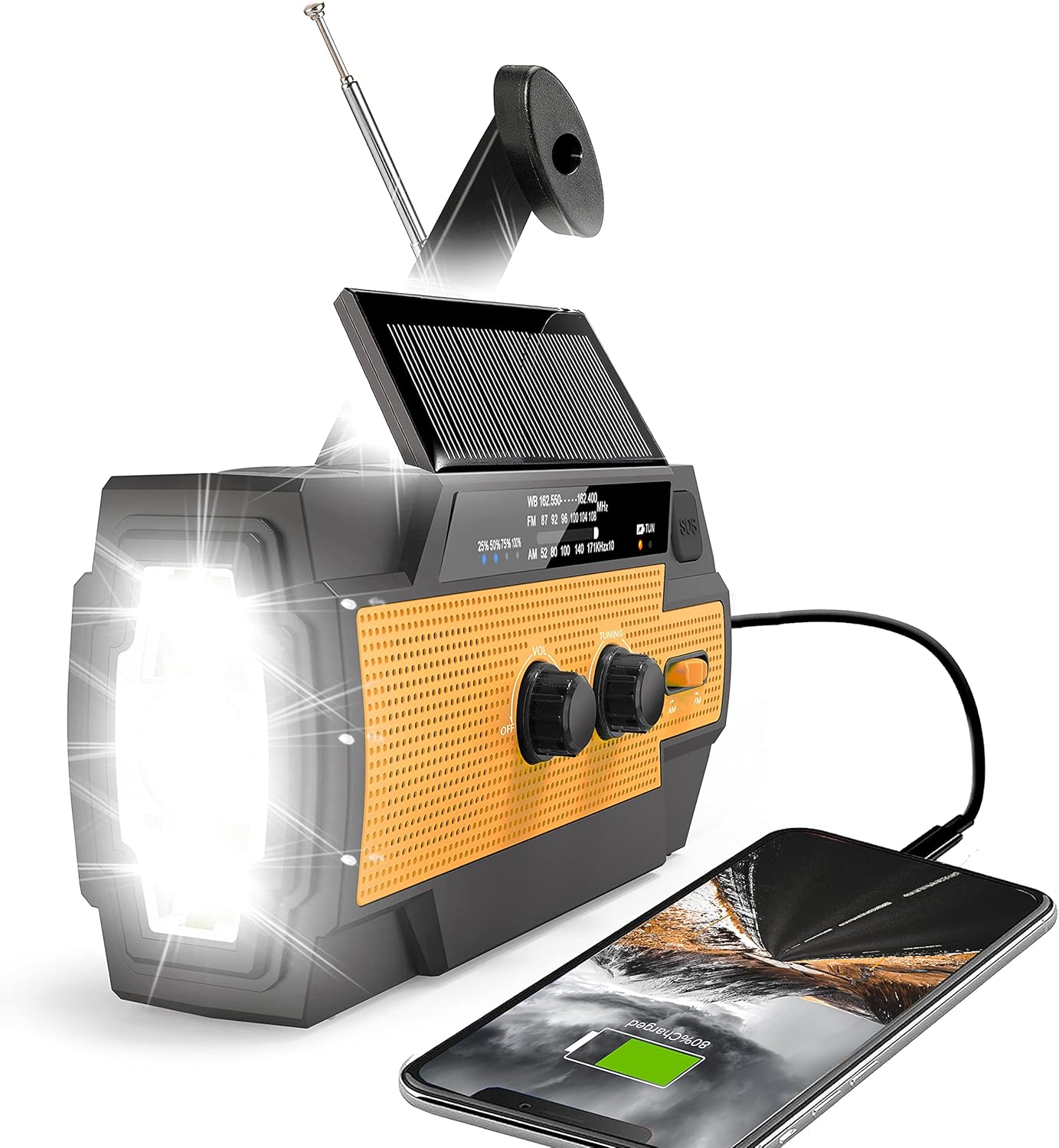 Radio awaryjne z korbką, ładowarka do 4 telefonów komórkowych, 000 mAh, zasilane energią słoneczną, przenośne, AM/FM/NOAA, do użytku domowego, pomara