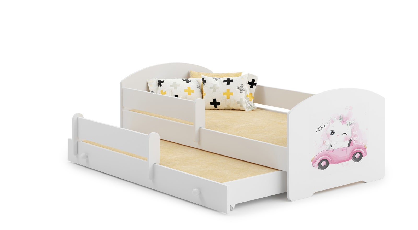 Podwójne łóżko dziecięce białe z rysunkiem kota i barierkami 160x80 cm z dolnym łóżkiem 145x80 cm – Zawiera 2 materace i stelaże