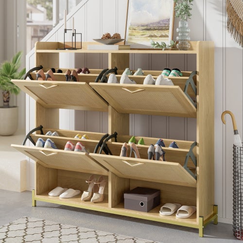 Élégant meuble à chaussures en bois avec portes en rotin – 4 portes, structure métal, étagère supérieure, rangement organisé. - 6