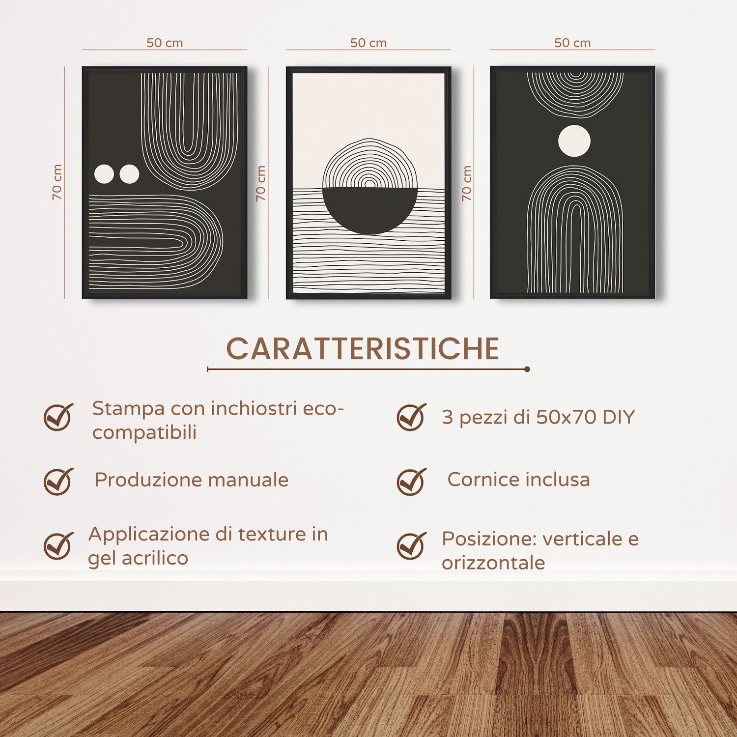 DekoArte - Tableau décoration murale salon NORDIC MINIMALIST ART 50x70 cm x3 pièces - Tableaux avec cadre noir inclus - 5