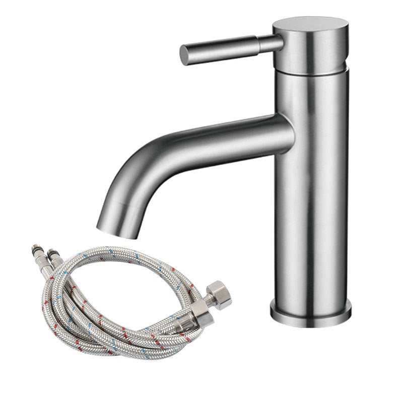 Bateria umywalkowa ze stali nierdzewnej 304, z zakrzywioną wylewką, z podwójną regulacją wody ciepłej i zimnej, z dwoma wężami o długości 60 cm.