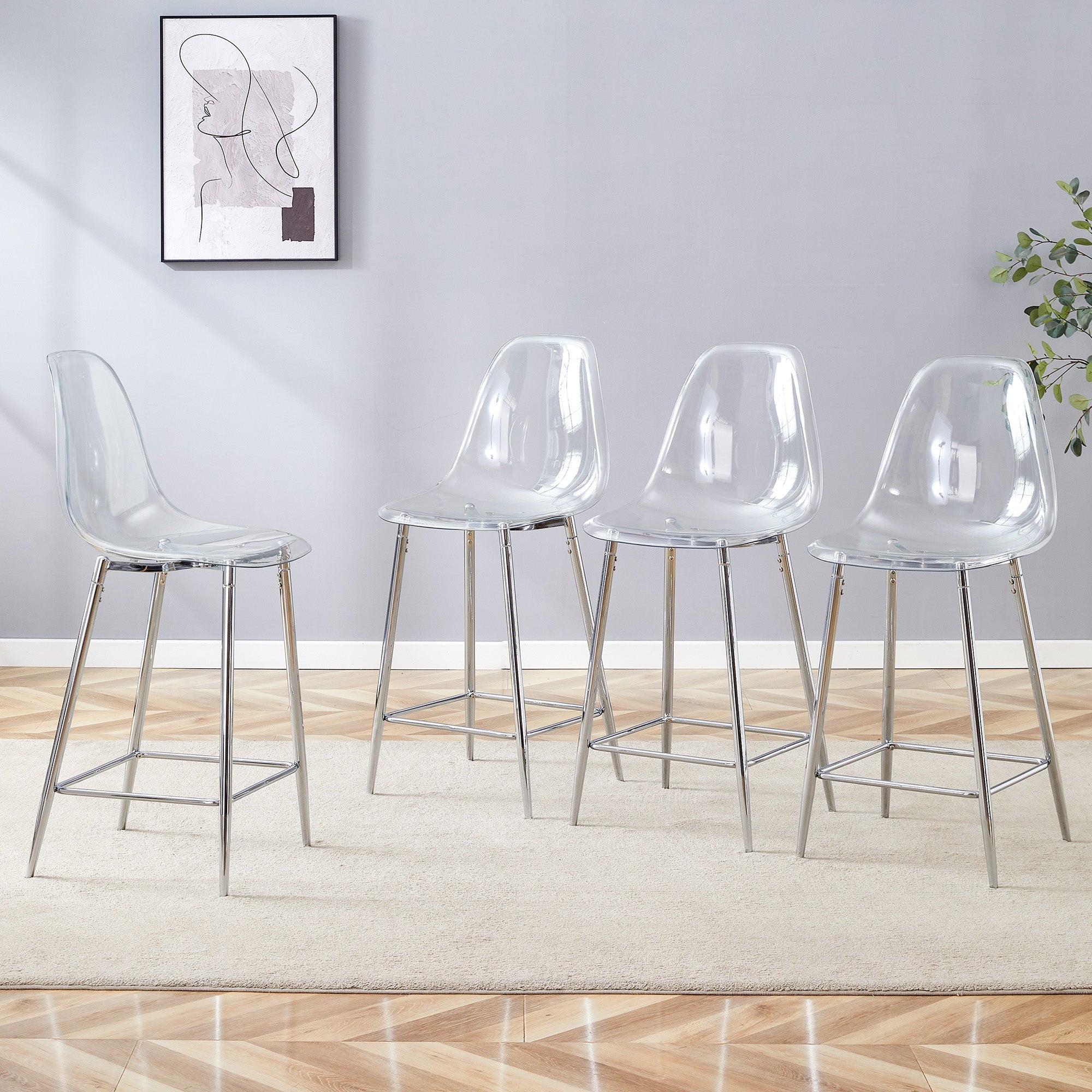 Ensemble de 4 tabourets de bar transparents, structure en métal argenté ...