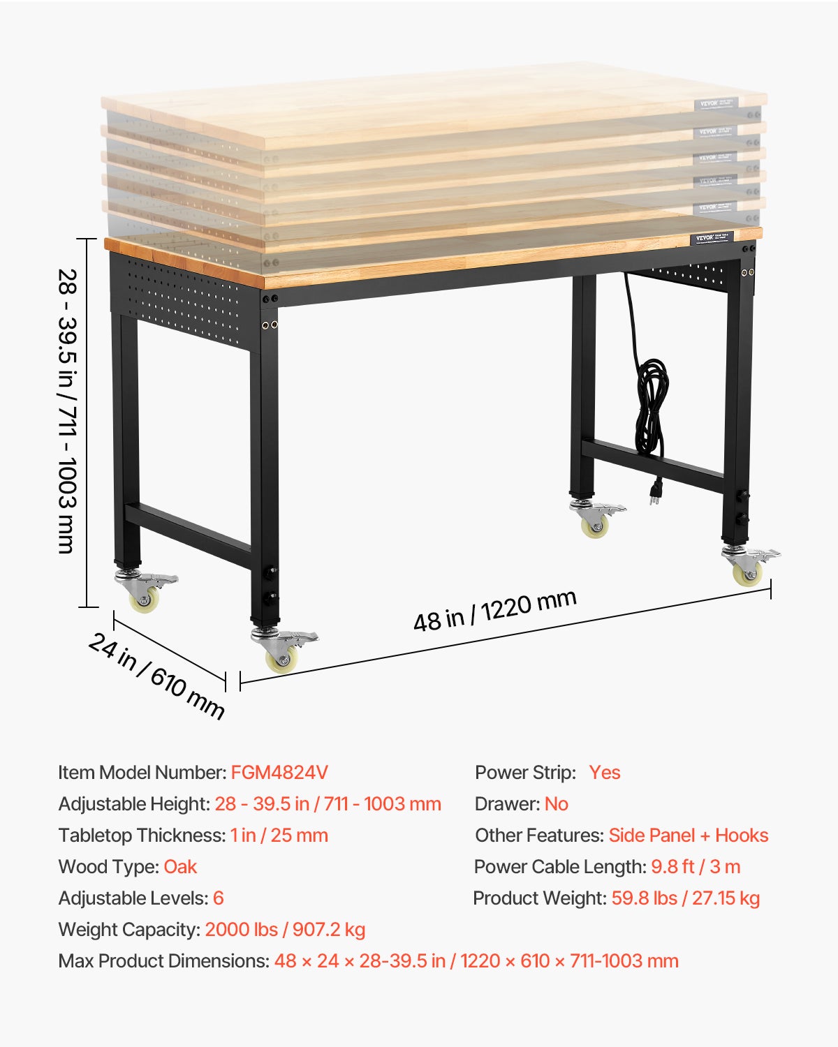 Banco de trabalho para oficina garagem 1220 mm,VEVOR mesa ajustável em altura,capacidade de carga de 907,2 kg,tomada de energia,painel perfurado - 7