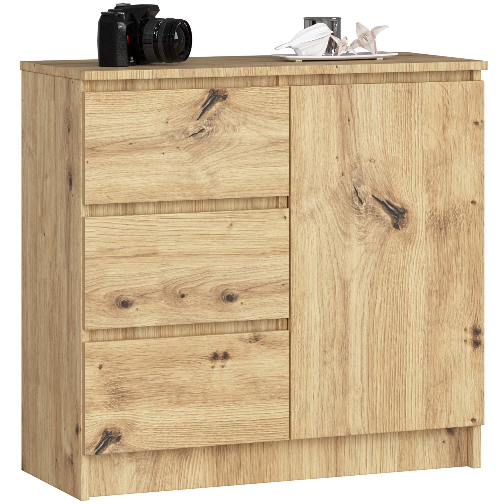 Komoda AKORD JERRY Dąb Artisan 80 cm 1 drzwi 3 szuflady kolor Dąb Artisan mat 2 półki 80x35x77 cm