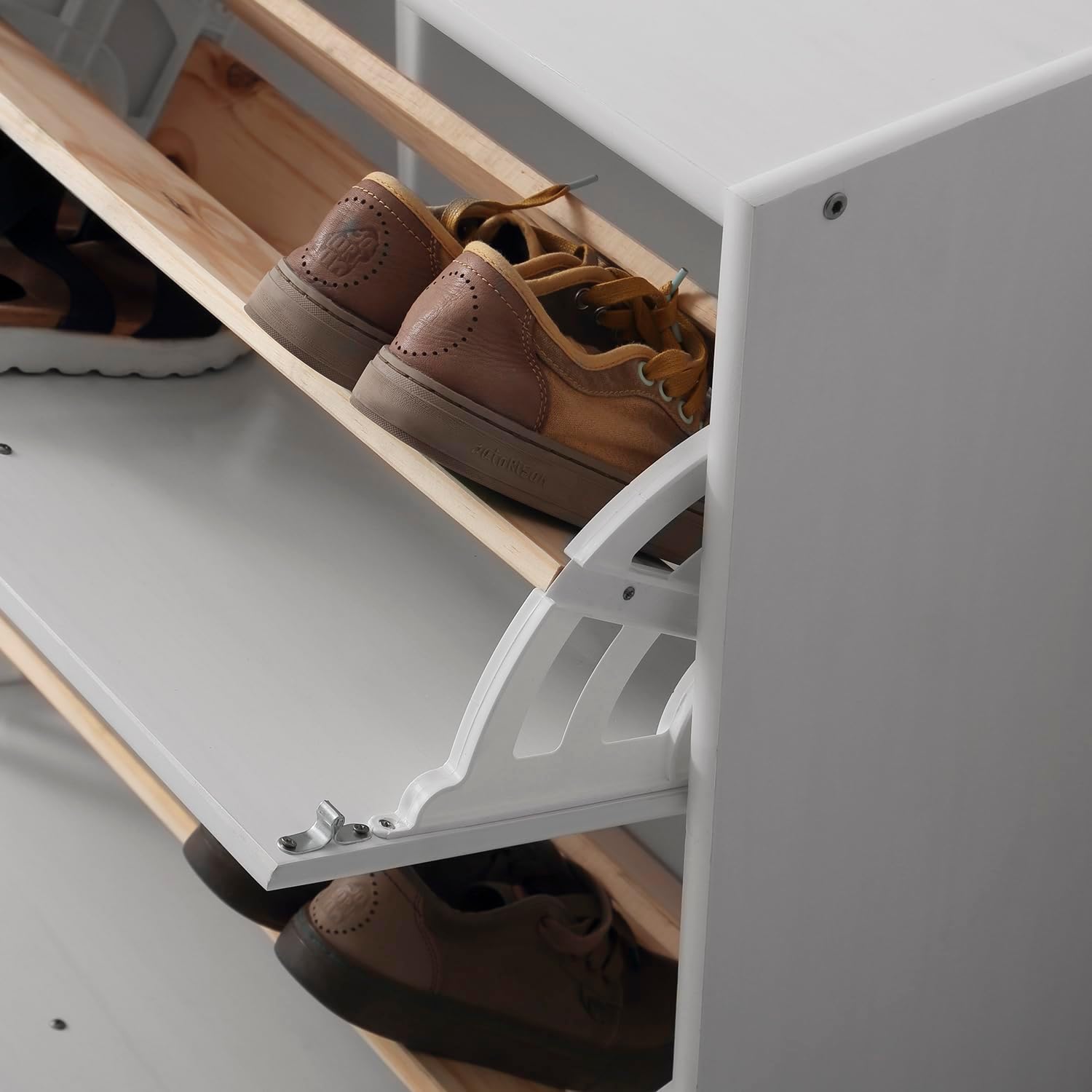 Étagère à chaussures avec 2 trampolines, pin massif, Moblit, série Denia, dimensions : (77x63x27) cm (hauteurxlargeurxprofondeur), couleur blanc lavé. - 4