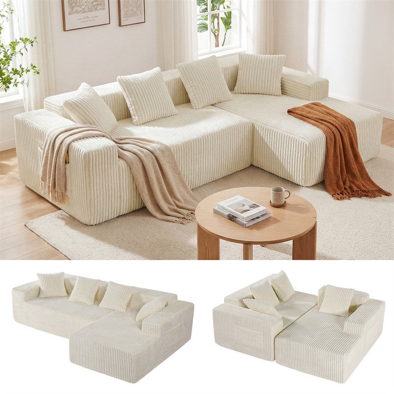 DRIPEX Canapé d'angle droit en velours côtelé avec 4 coussins,Canapé Modulable 4 places avec méridienne en L,261×156×80cm,Beige - 2
