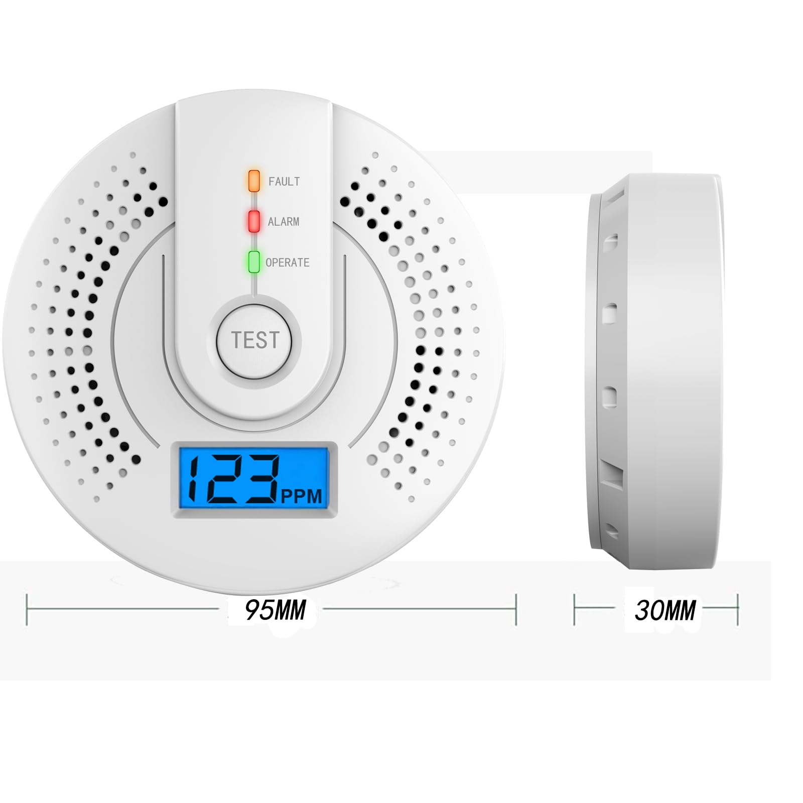 Detector de monóxido de carbono, pantalla digital y alarma sonora, alarma portátil de viaje, 9,6 x 9,6 x 3,1 cm, color blanco (sin batería) - 2