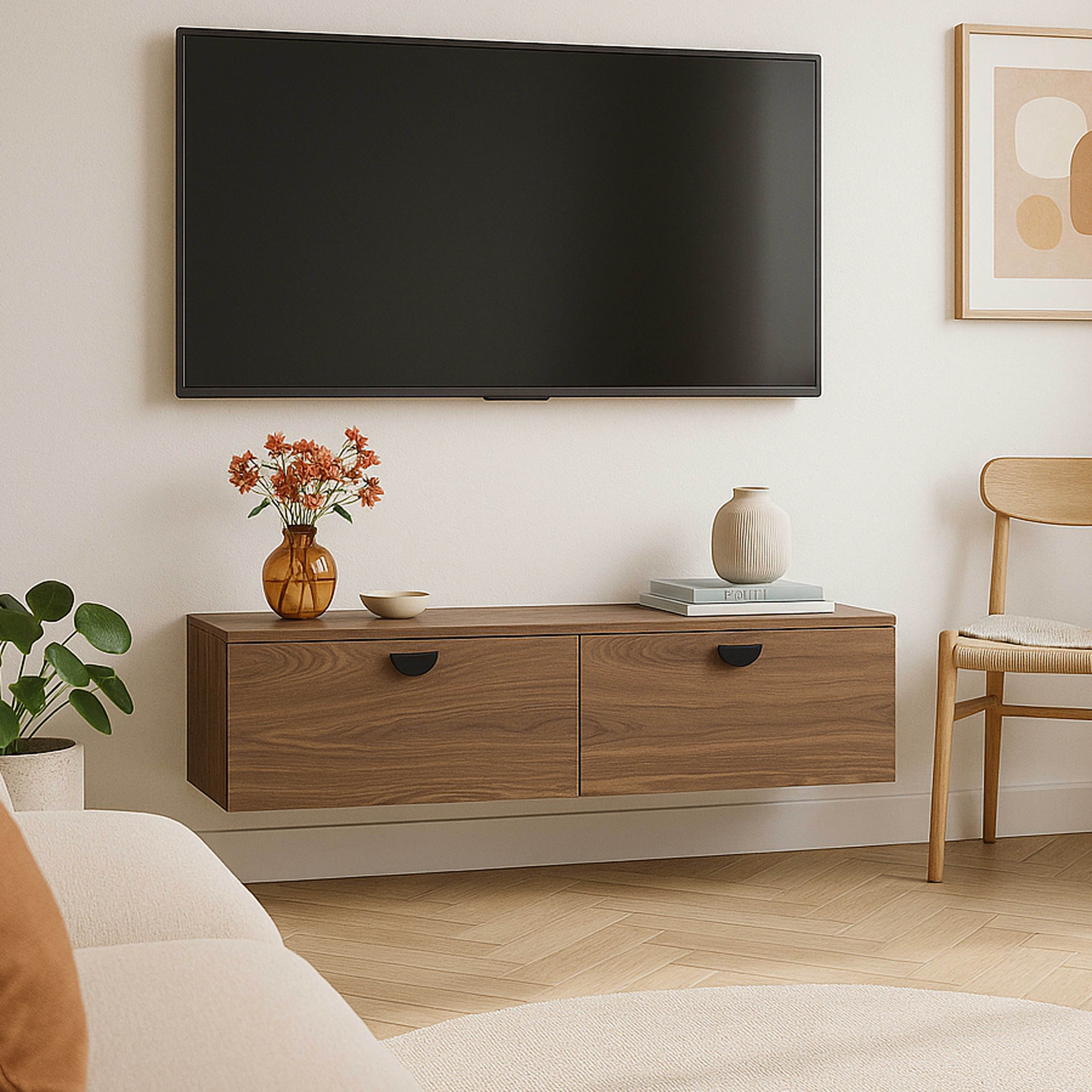 Meuble TV Suspendu HOMCOM 120 Cm - Étagères, Tiroir, Prises Et Ports USB/Type-C - Pour TV Jusqu'à 50 Pouces - 12