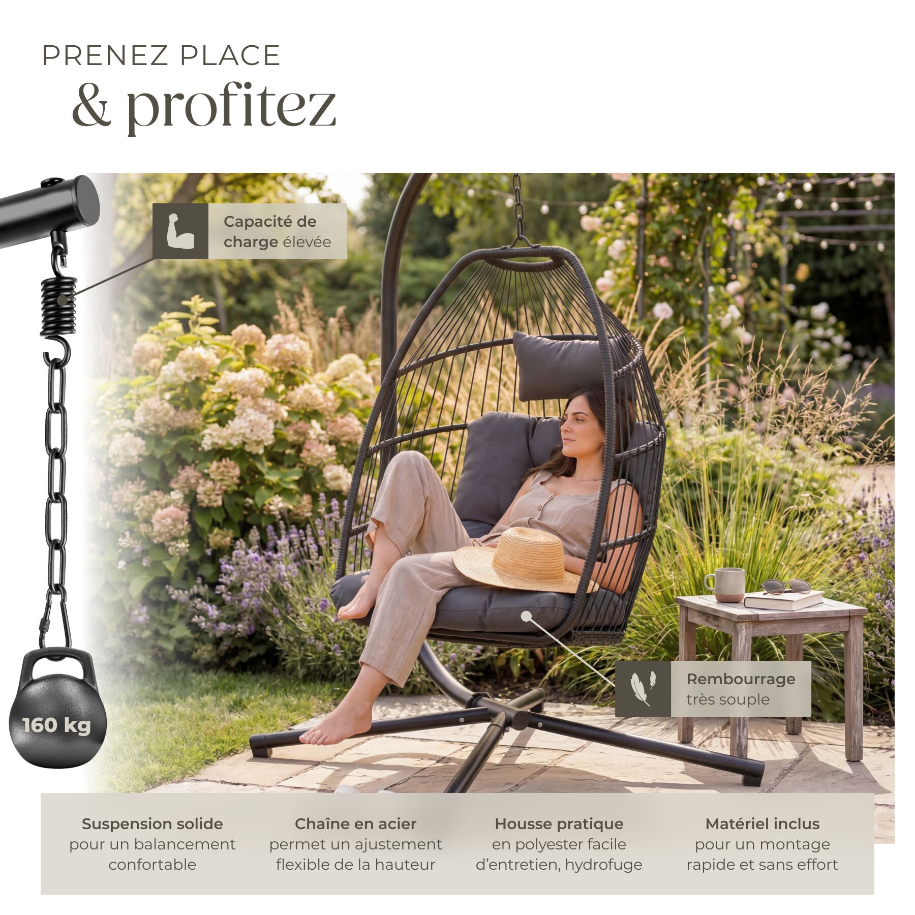 Fauteuil suspendu en acier, pliable, pivotant, coussin épais amovible, gris foncé TECTAKE - 4