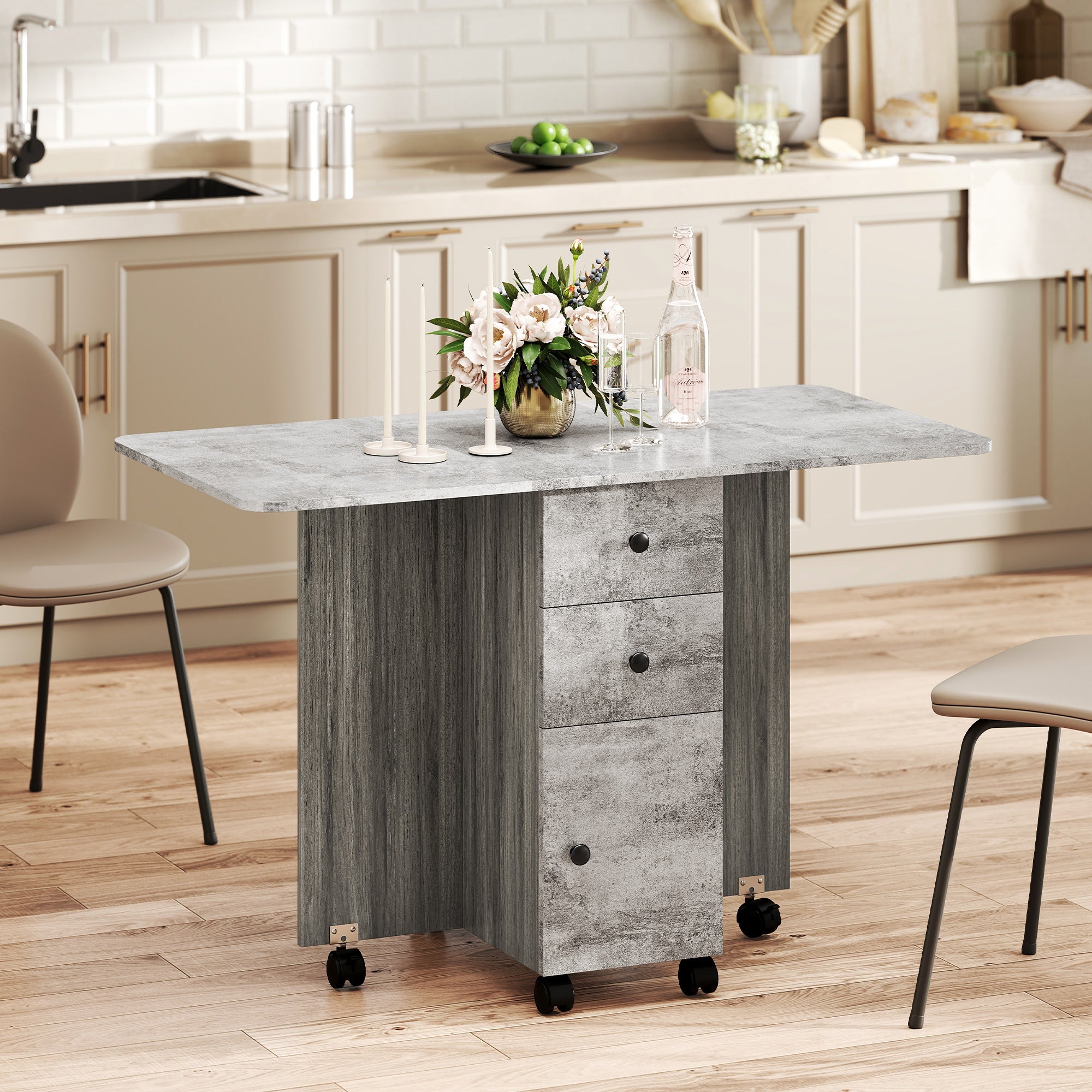 HOMCOM Tavolo Pieghevole con 2 Cassetti e Armadietto, 6 Rotelle e Freni, 120x60x76.5 cm, Grigio Legno e Roccia - 2